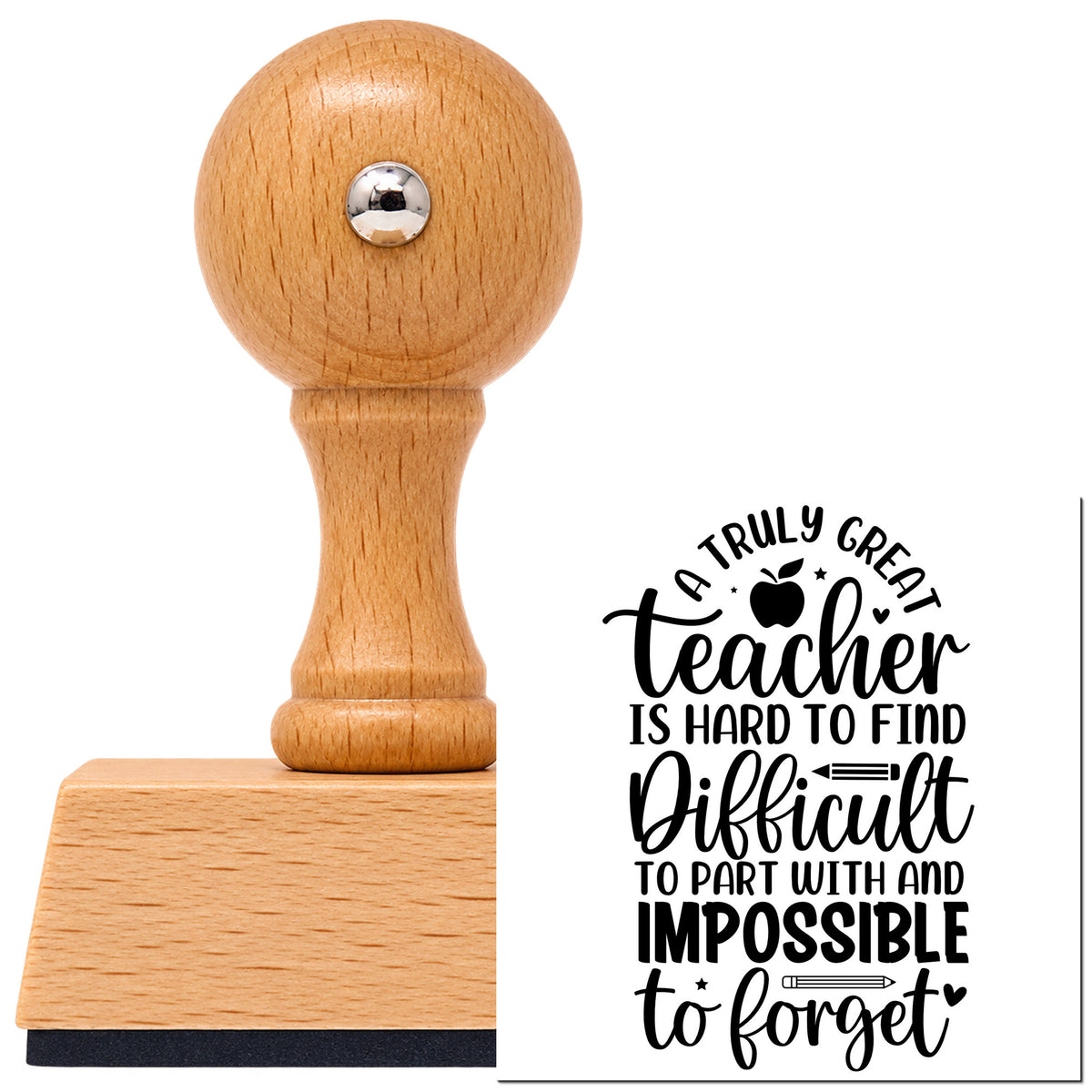 Vintage Pro beech wood stamp with a round knob handle, shown with its black Truly Great Teacher imprint on white.