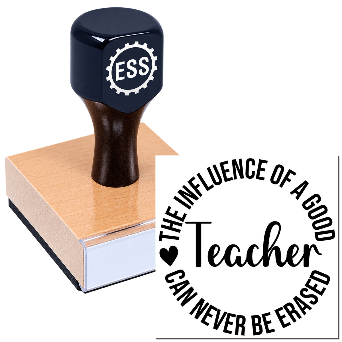 Dark navy stamp and seal on a wooden block, with teacher quote: "The influence of a good teacher can never be erased."