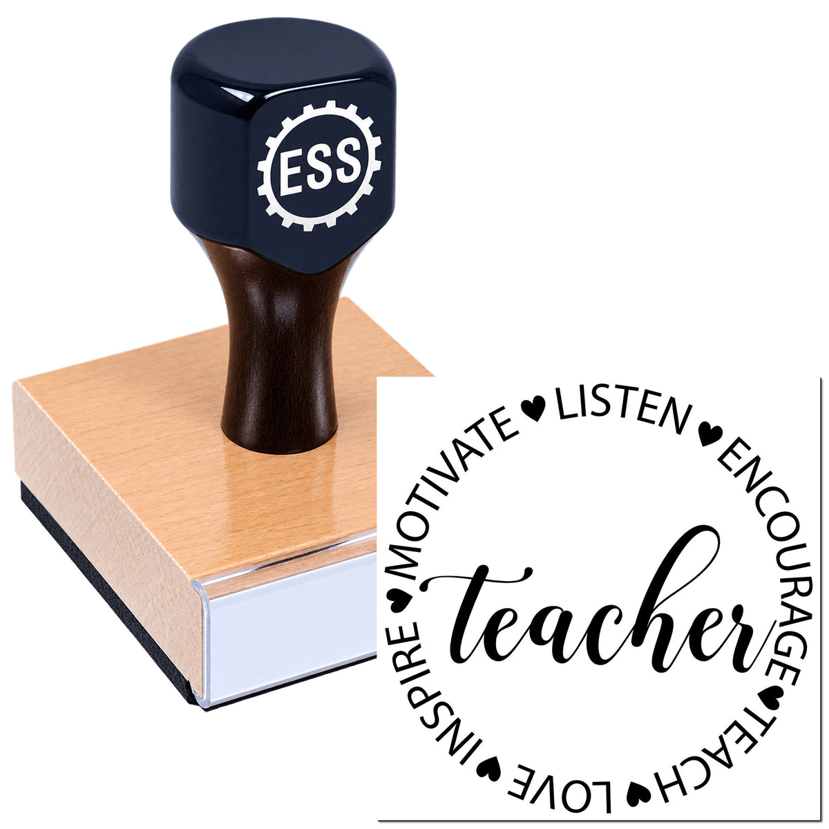 Dark navy custom stamp on a wooden block with a black circular teacher seal reading motivational words and hearts
