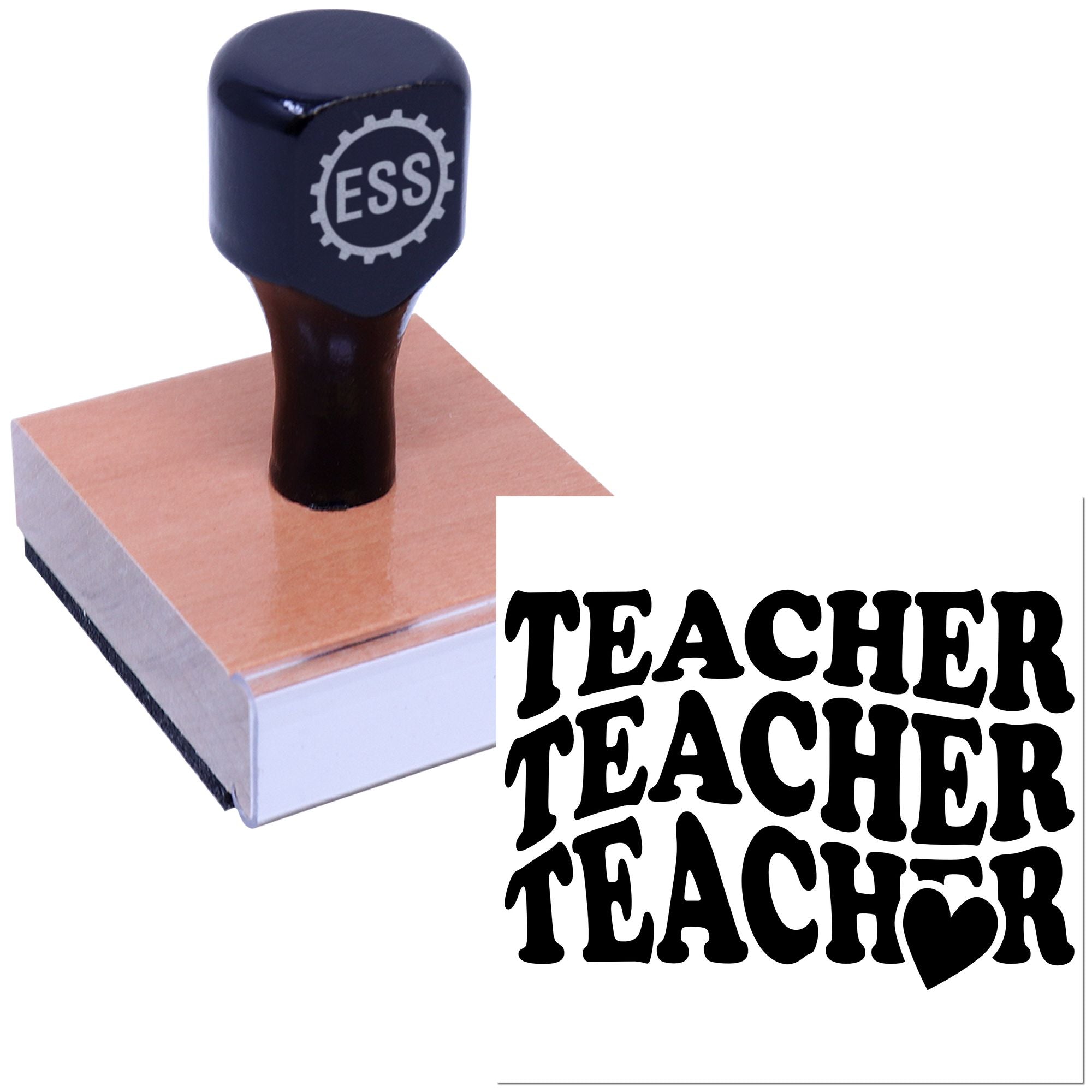 Dark blue ESS teacher stamp and seal on a wooden block with bold black TEACHER lettering.