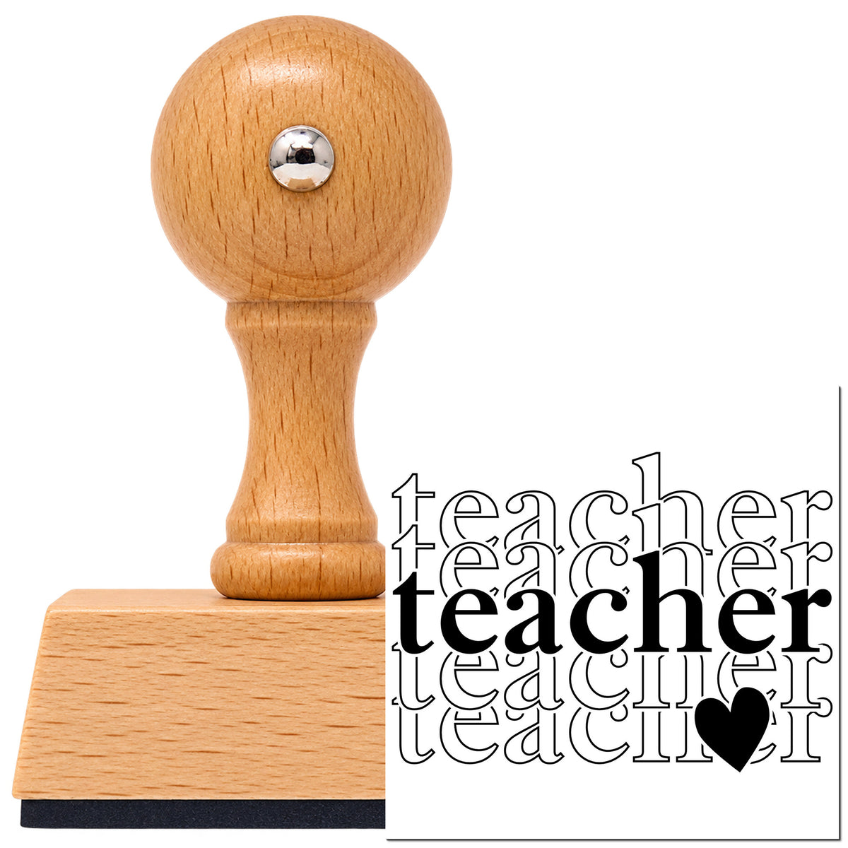 Vintage Pro beech wood stamp with a round knob handle, shown with its black Teacher Serif Outline Stack With Hearts imprint on white.