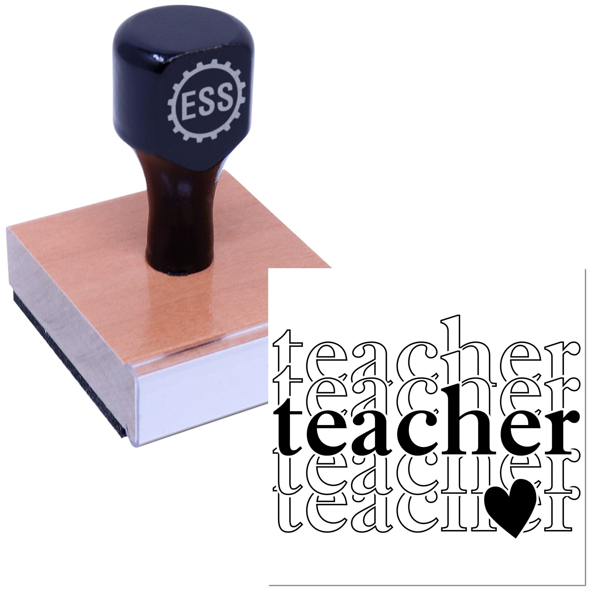 Black ESS stamp and seal set on a pink block, with layered black-and-outline teacher text and a heart.