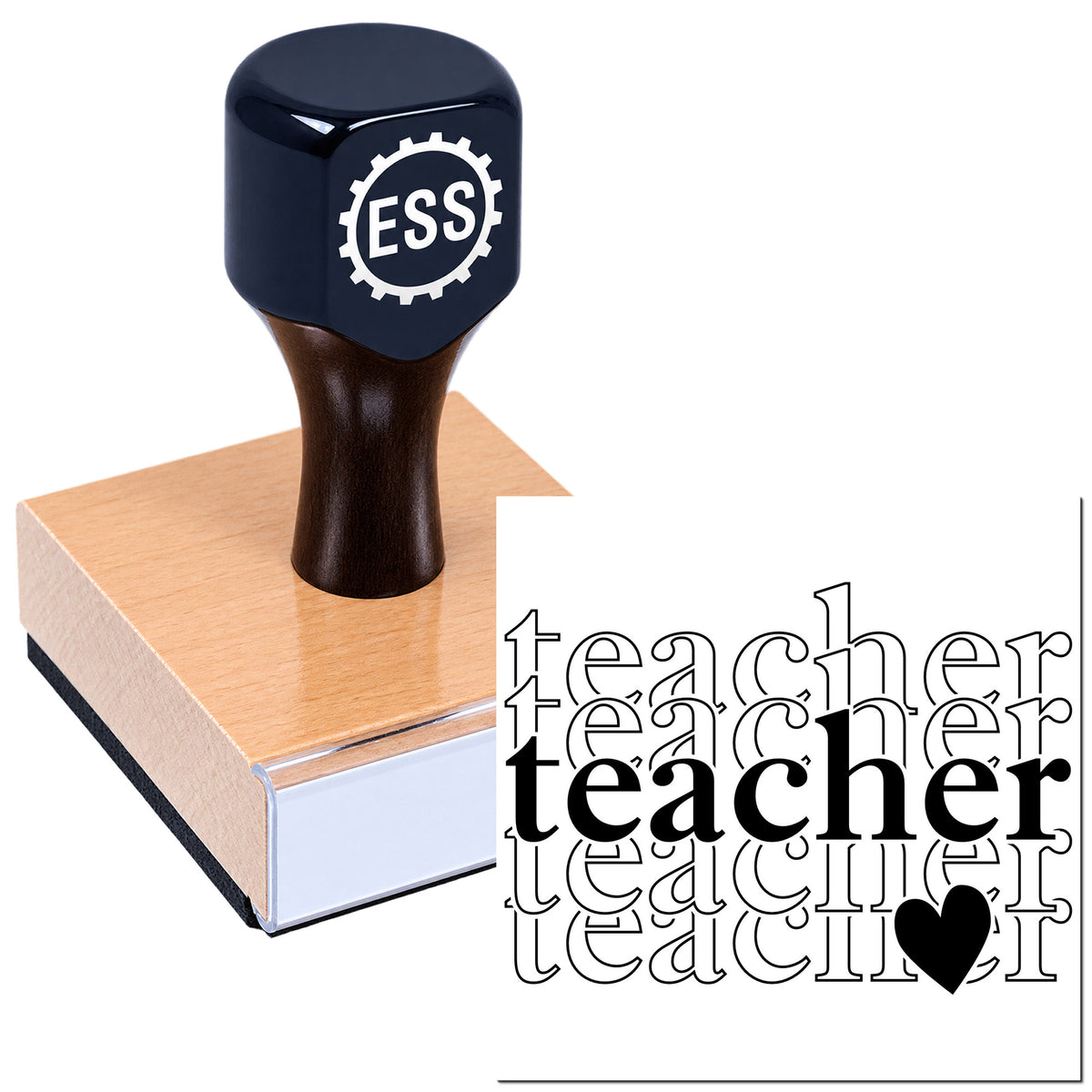 Black ESS stamp and seal set on a pink block, with layered black-and-outline "teacher" text and a heart.