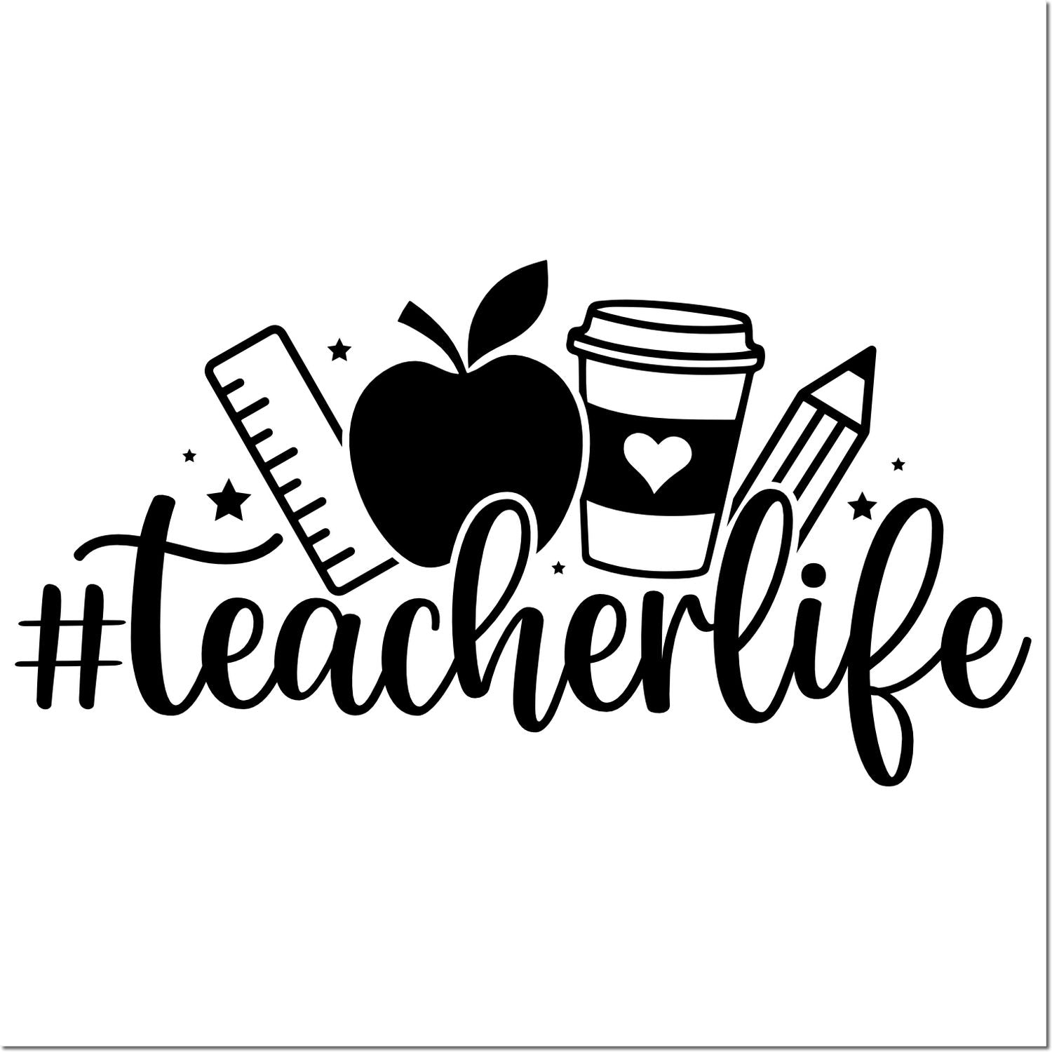 Black teacher life stamp seal with apple, ruler, coffee cup, pencil and stars on white background