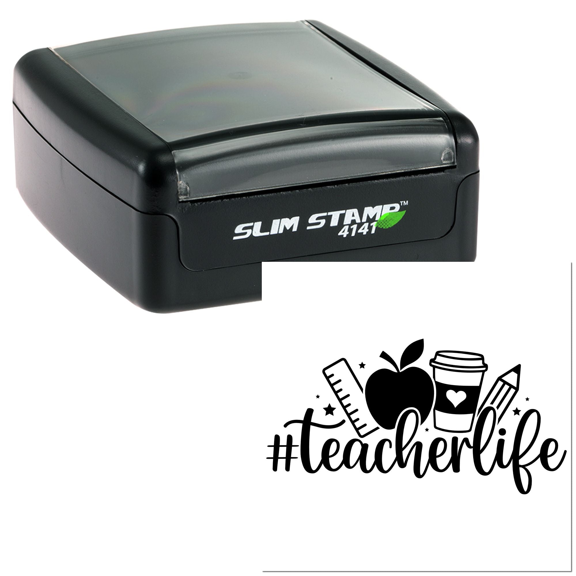 Black Slim Stamp 4141 self-inking stamp and teacherlife seal with apple, ruler, coffee cup and pencil graphic.