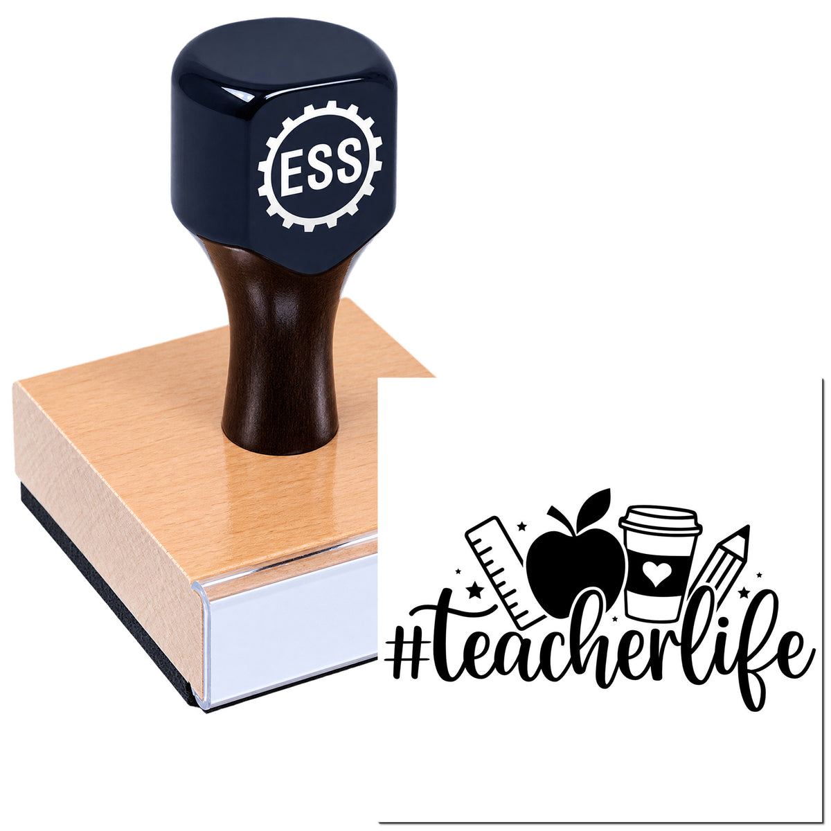 Black wooden stamp on pink seal block, showing ESS logo and #teacherlife with apple, ruler, coffee cup, and pencil icons.