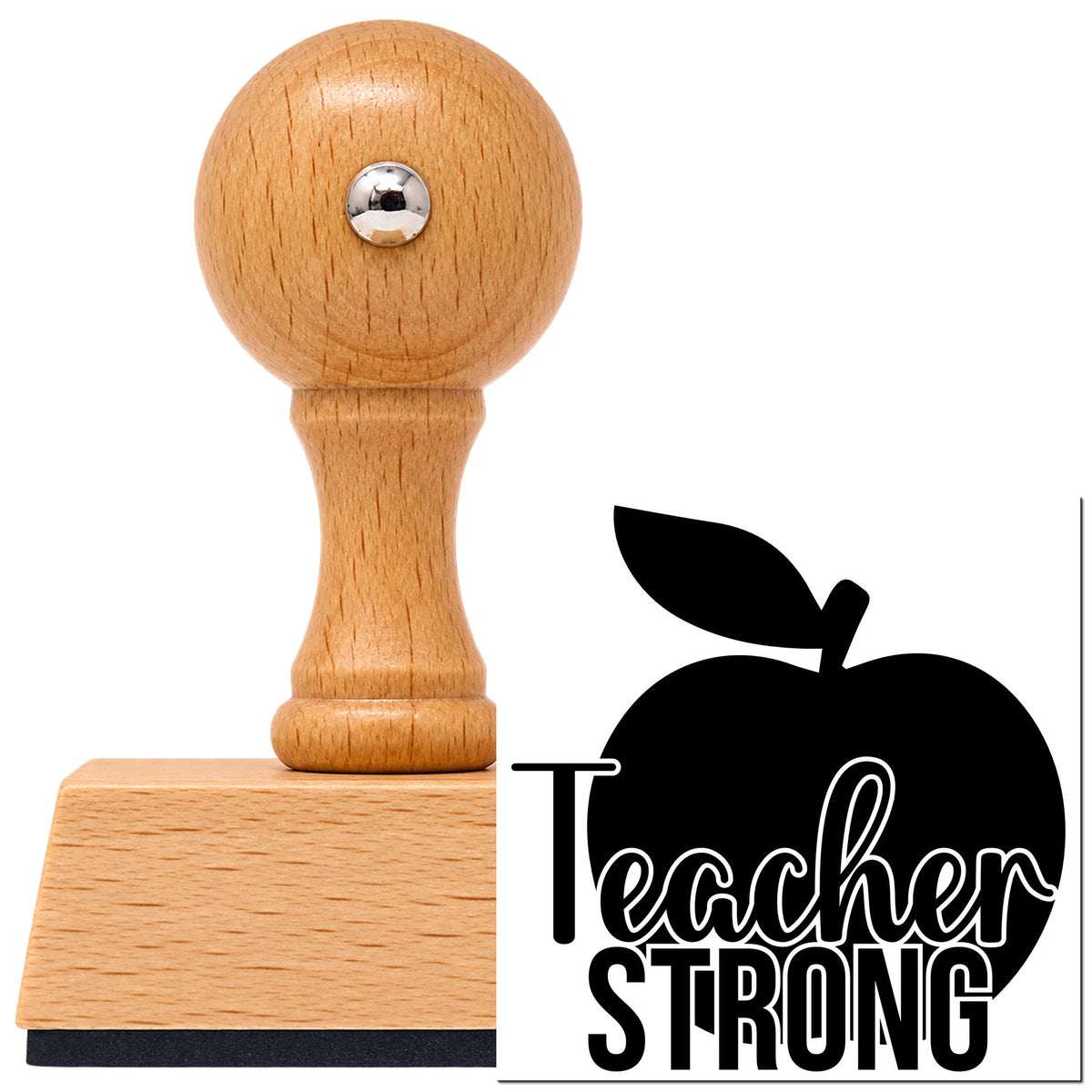 Vintage Pro beech wood stamp with a round knob handle, shown with its black Teacher Strong Apple imprint on white.