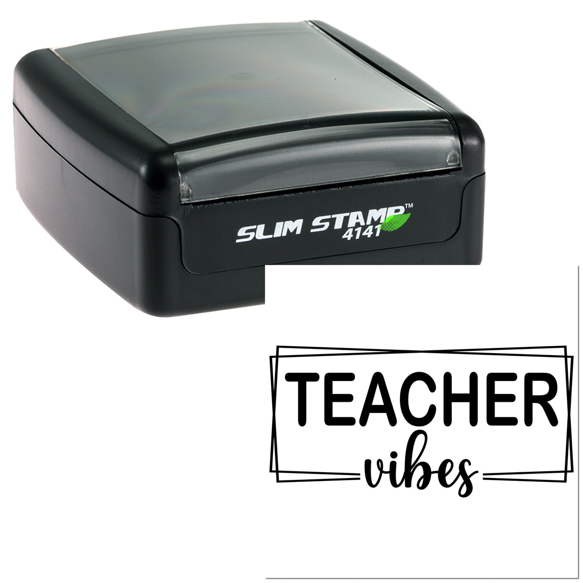 Black Slim Stamp 4141 self-inking stamp with TEACHER vibes seal in bold black lettering.