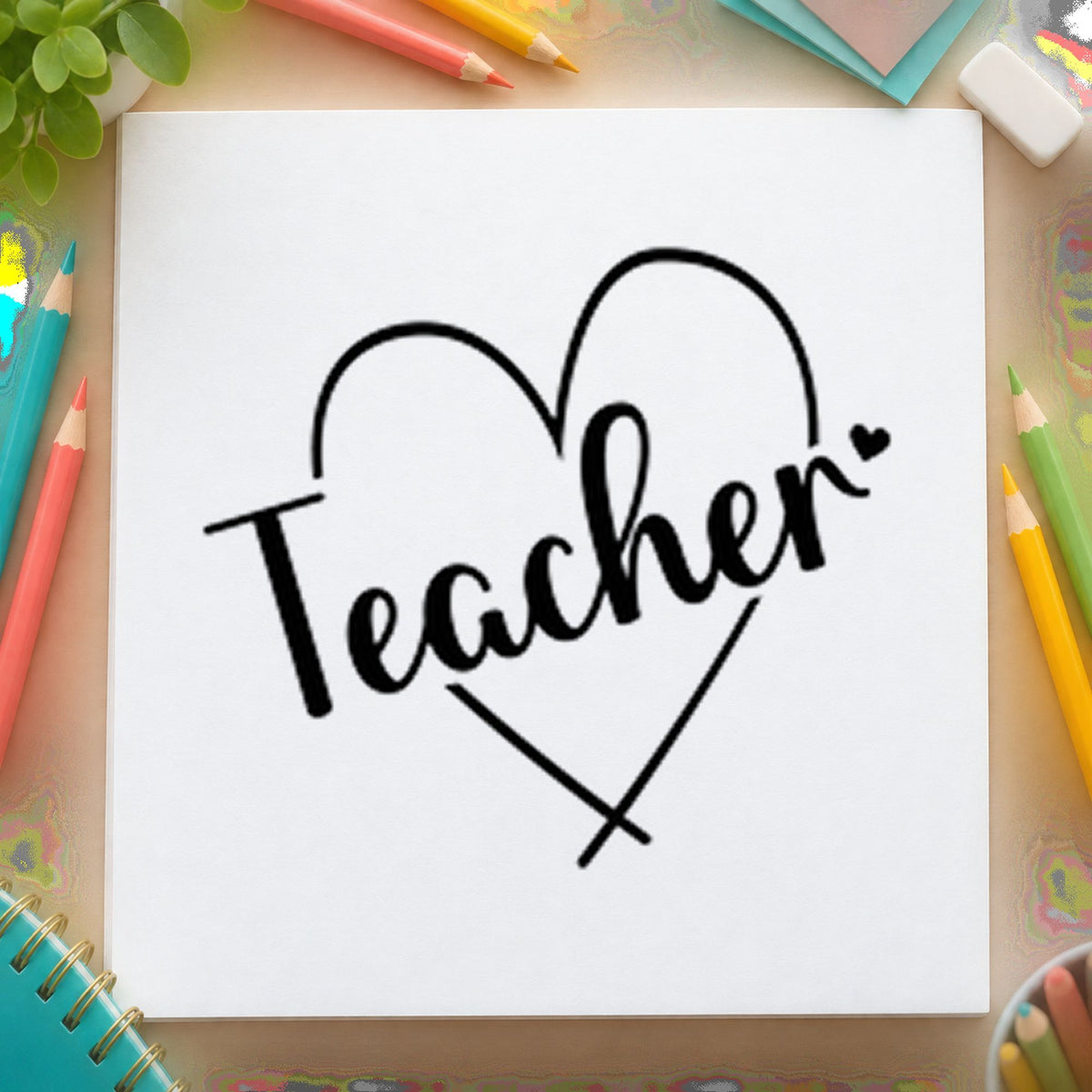 Teacher Heart Outline rubber stamp printed in black ink, ready for slanted script cards and similar paper crafts.