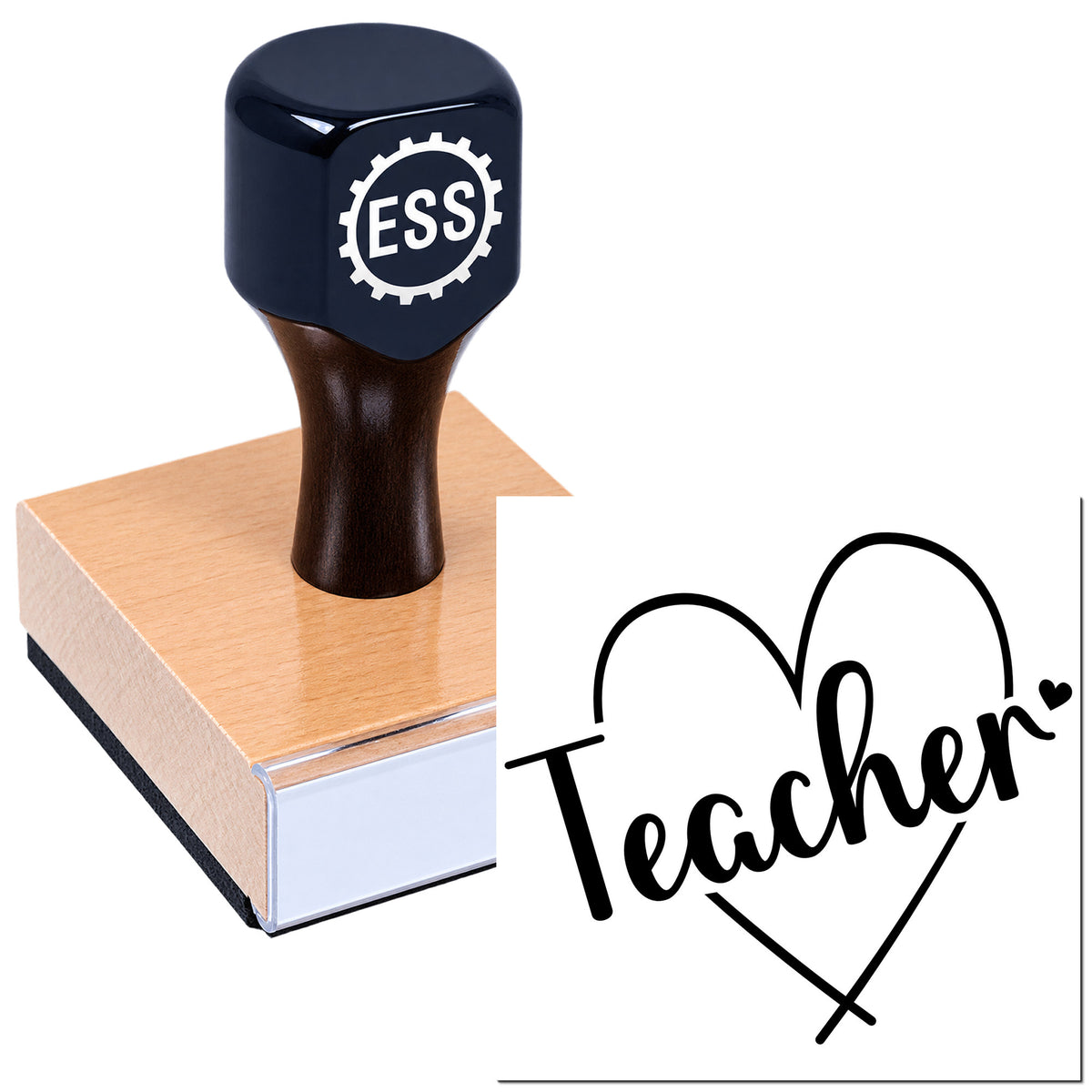 Black ESS stamp and seal on a wooden block, featuring a heart-shaped Teacher design.