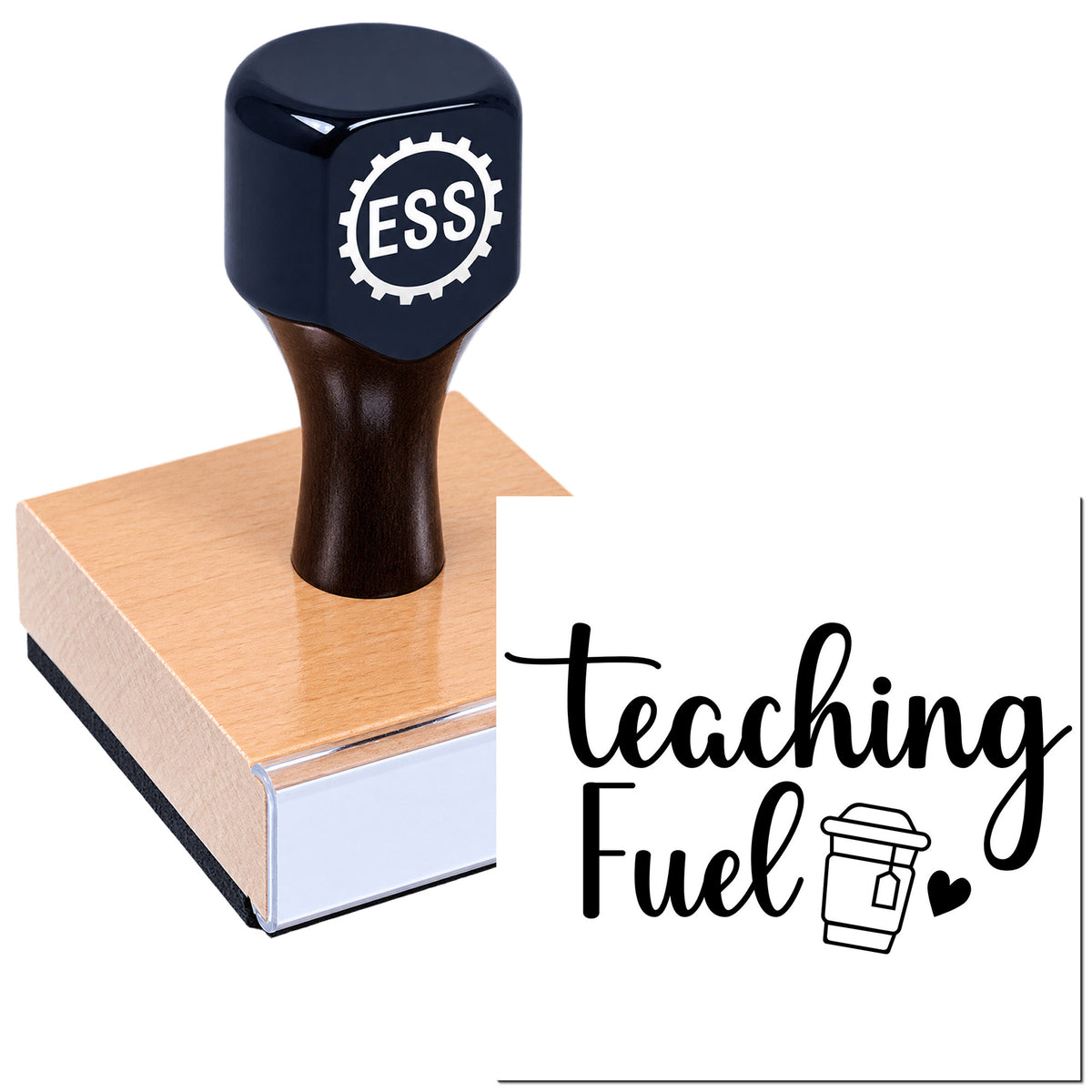 Black custom rubber stamp on a wooden seal block with the Teaching Fuel logo and fuel pump icon.