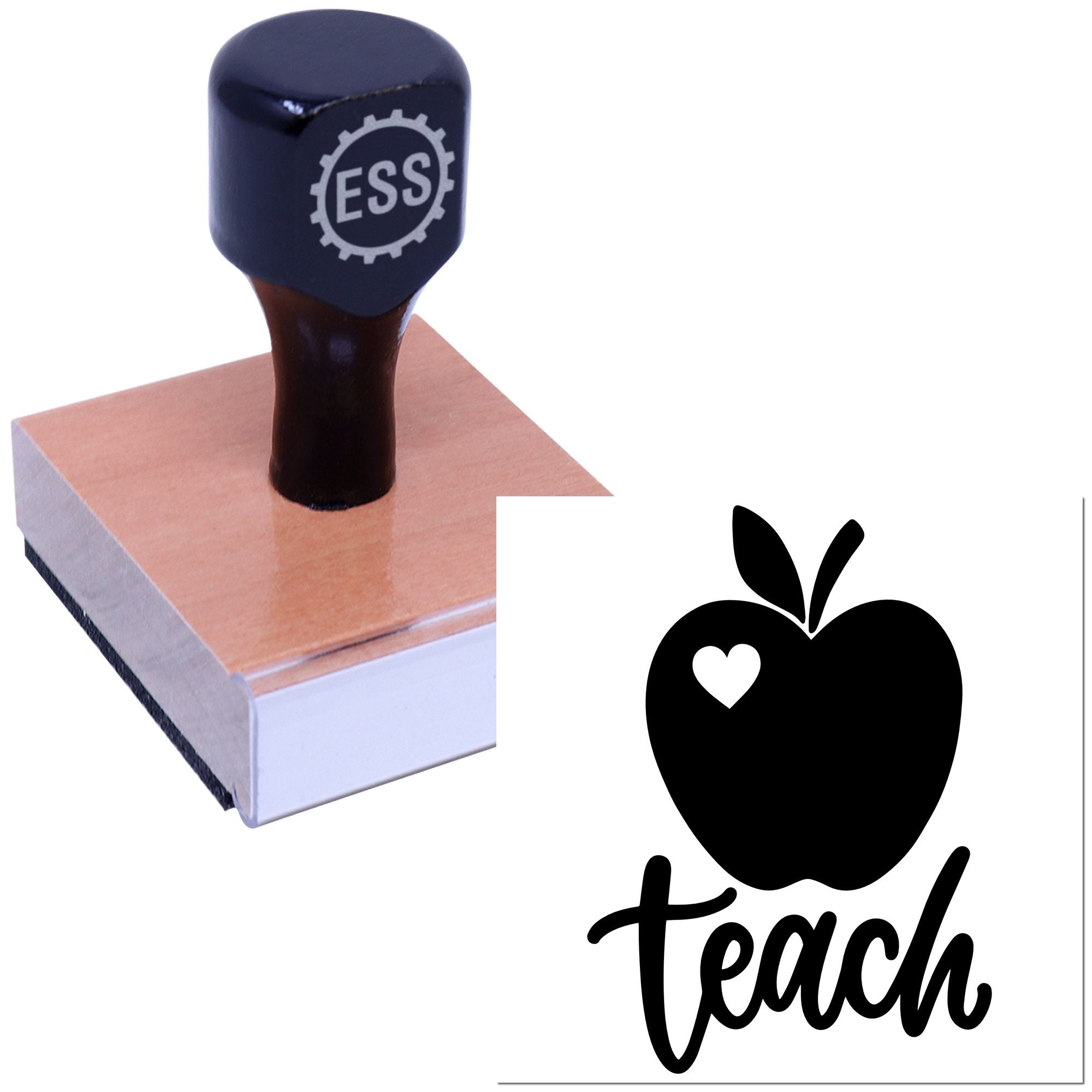 Dark blue ESS rubber stamp and seal on a pink block base, plus black apple-heart Teach logo