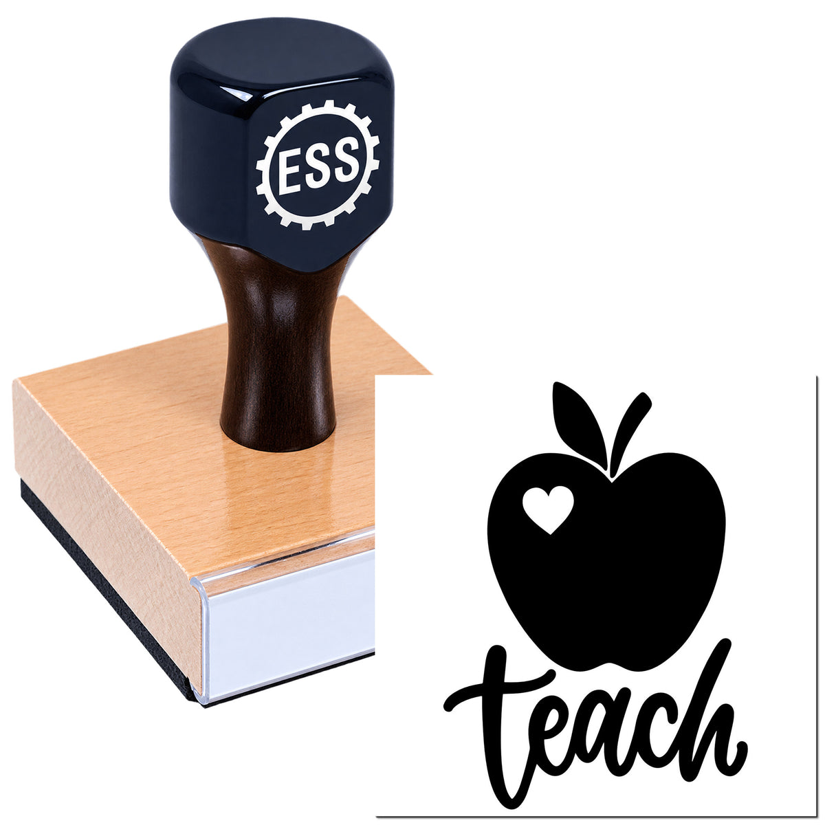 Dark blue ESS rubber stamp and seal on a pink block base, plus black apple-heart Teach logo