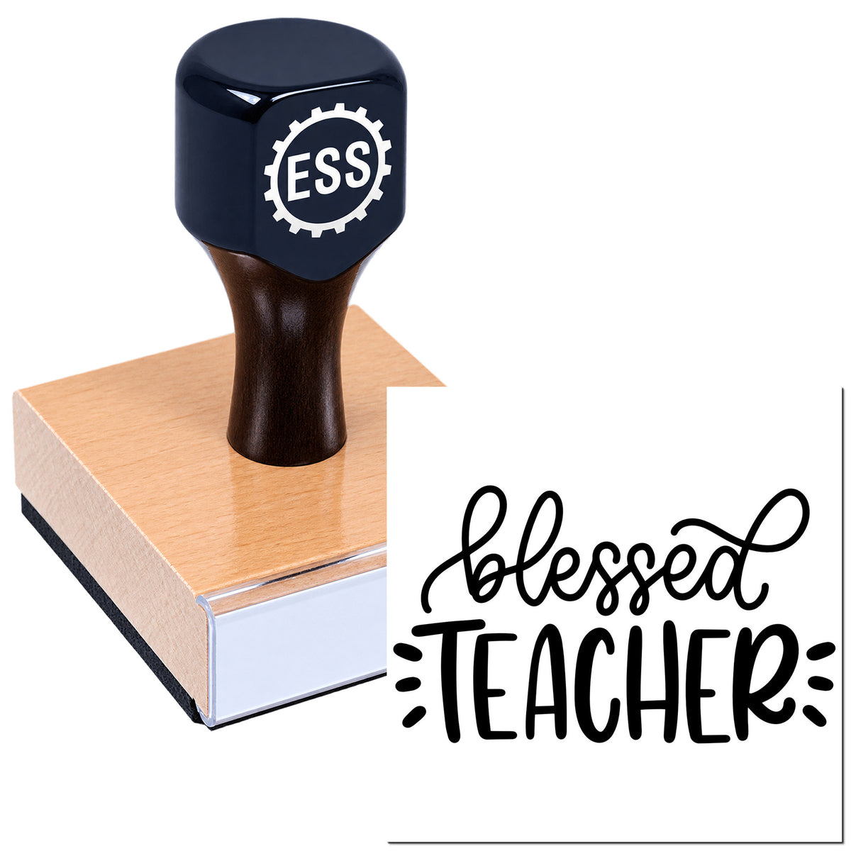 Black self-inking stamp and seal with wooden base, featuring a "blessed TEACHER" imprint in bold black script.