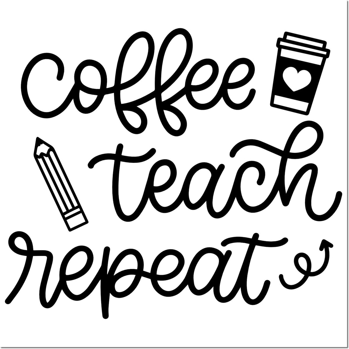 Black coffee teach repeat stamp design with pencil and heart coffee cup seal icons.