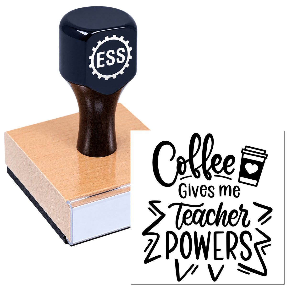 Dark blue ESS custom stamp and seal on a pink wood block, showing a black "Coffee Gives Me Teacher Zpowers" design.
