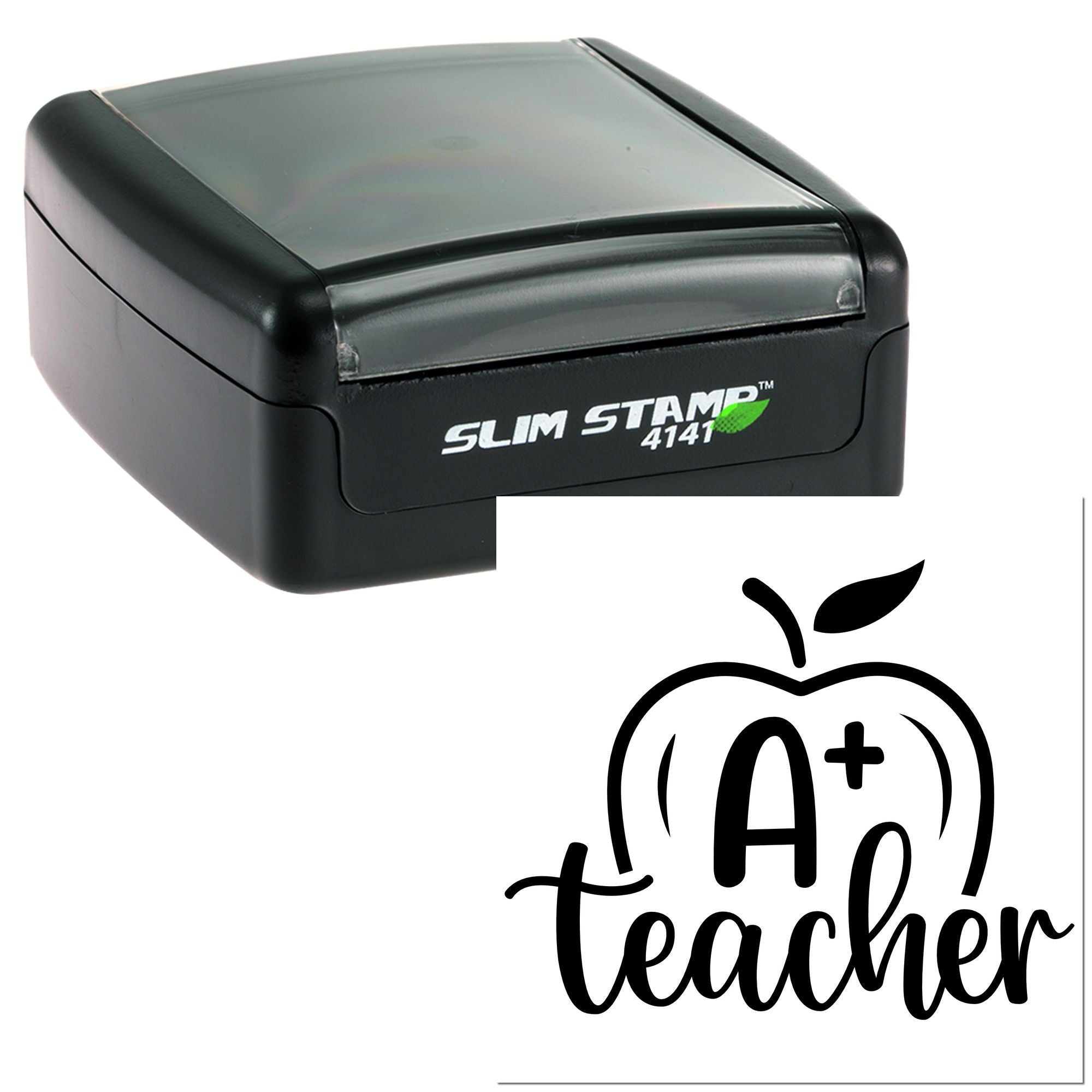 Black Slim Stamp 4141 self-inking stamp and black apple teacher seal logo on white background.