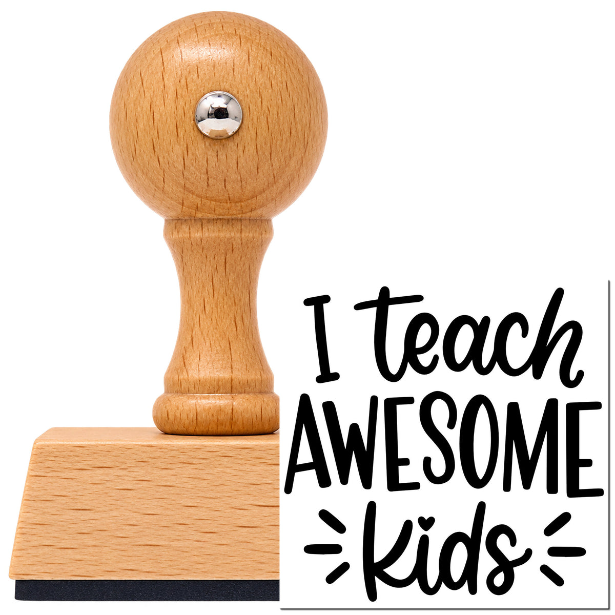 Vintage Pro beech wood stamp with a round knob handle, shown with its black I Teach Awesome Kids imprint on white.