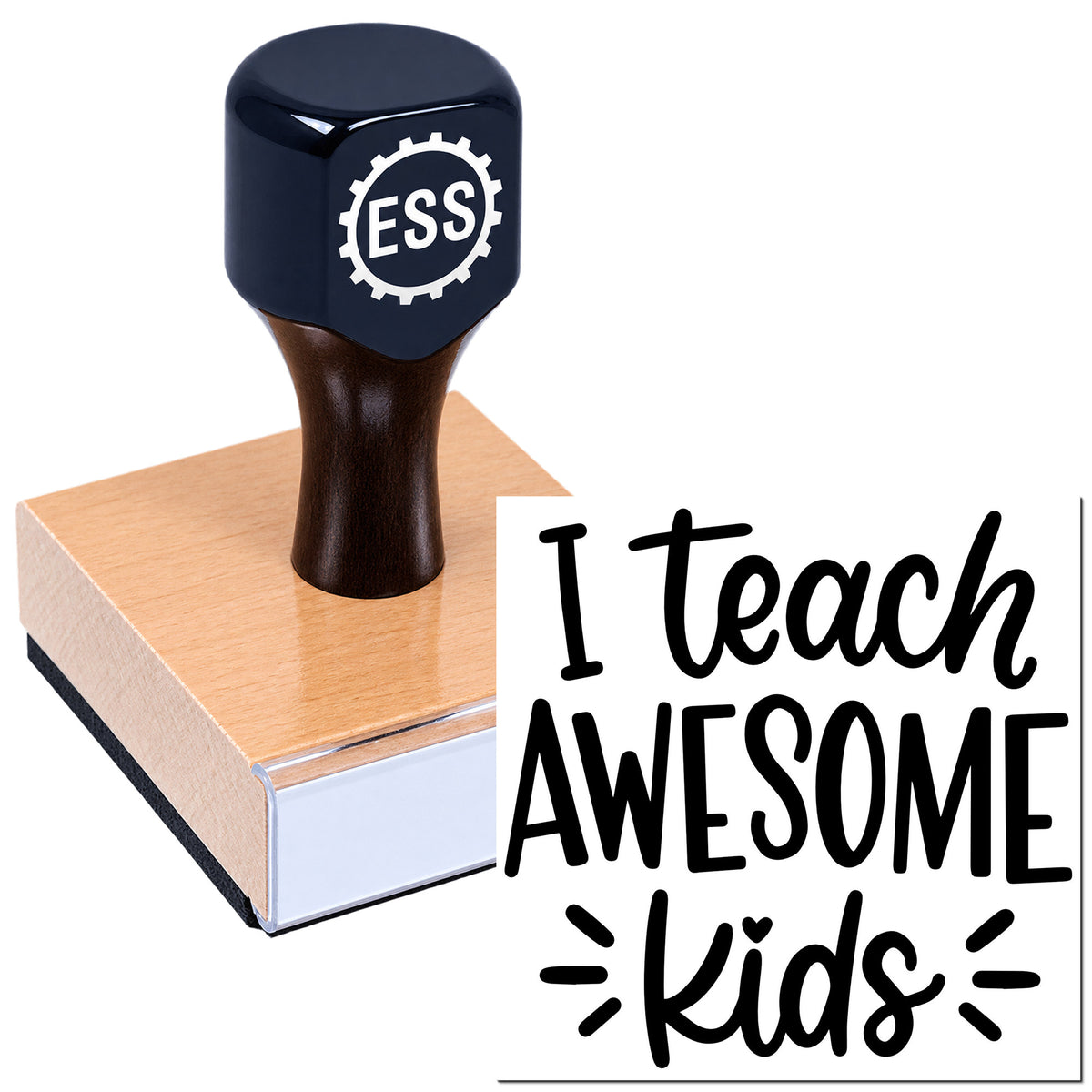 Dark navy ESS stamp and seal on a pink block, with black "I Teach Awesome Kids" text.