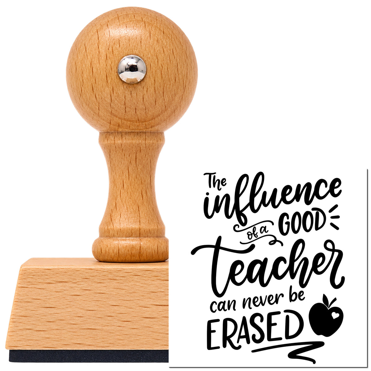 Vintage Pro beech wood stamp with a round knob handle, shown with its black Good Teacher Never Erased imprint on white.