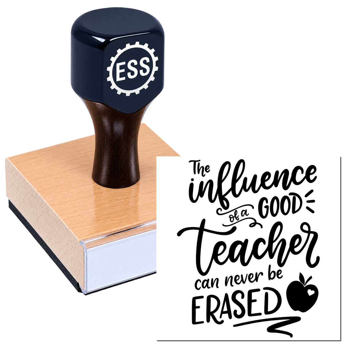 Black ESS rubber stamp on a wooden seal block, with bold black teacher quote design.