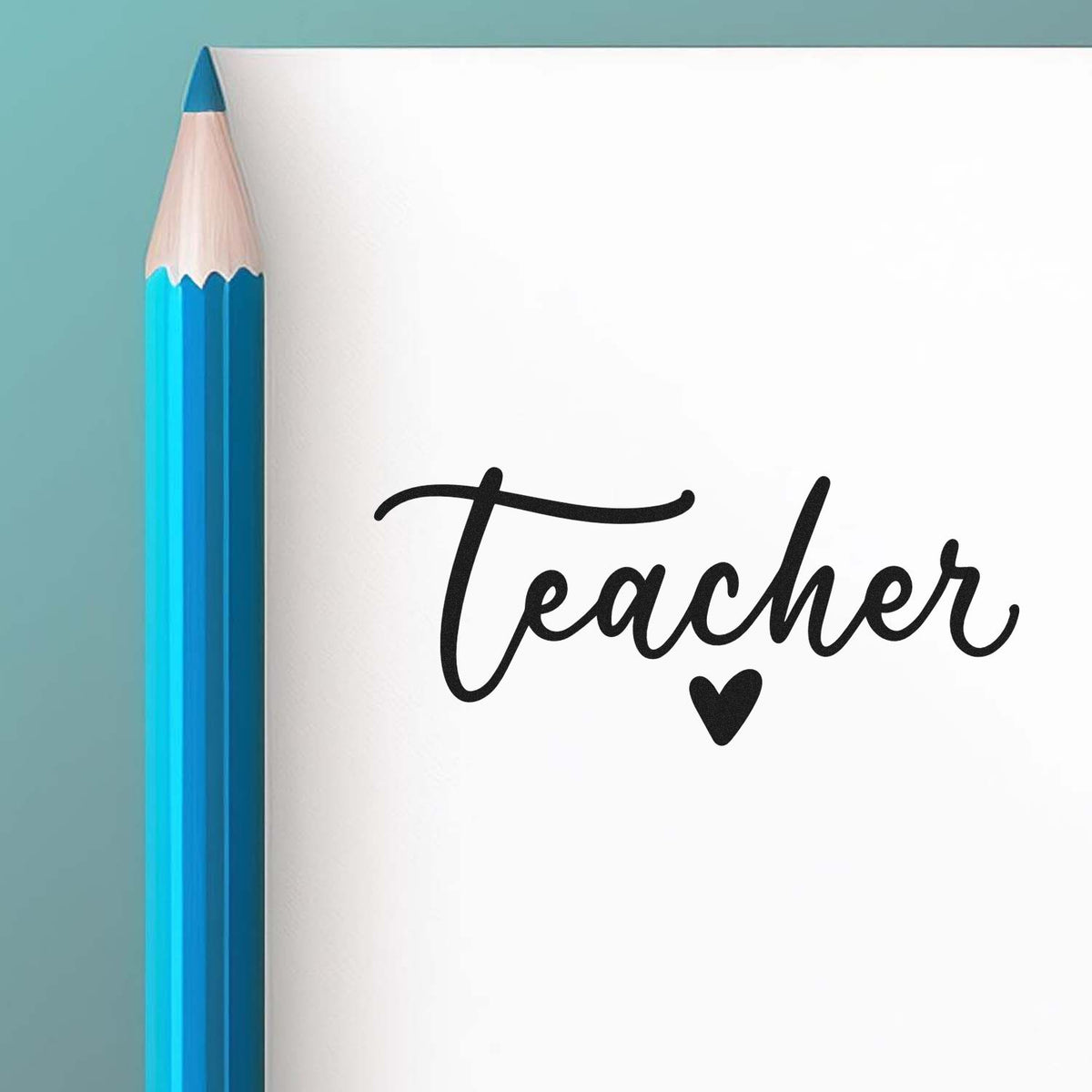 Teacher stamp and seal in black script with heart beside a blue pencil on white background