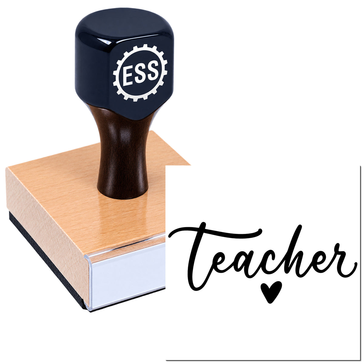 Black teacher stamp with peach wooden base and white background, featuring an ESS gear seal and handwritten Teacher with heart.