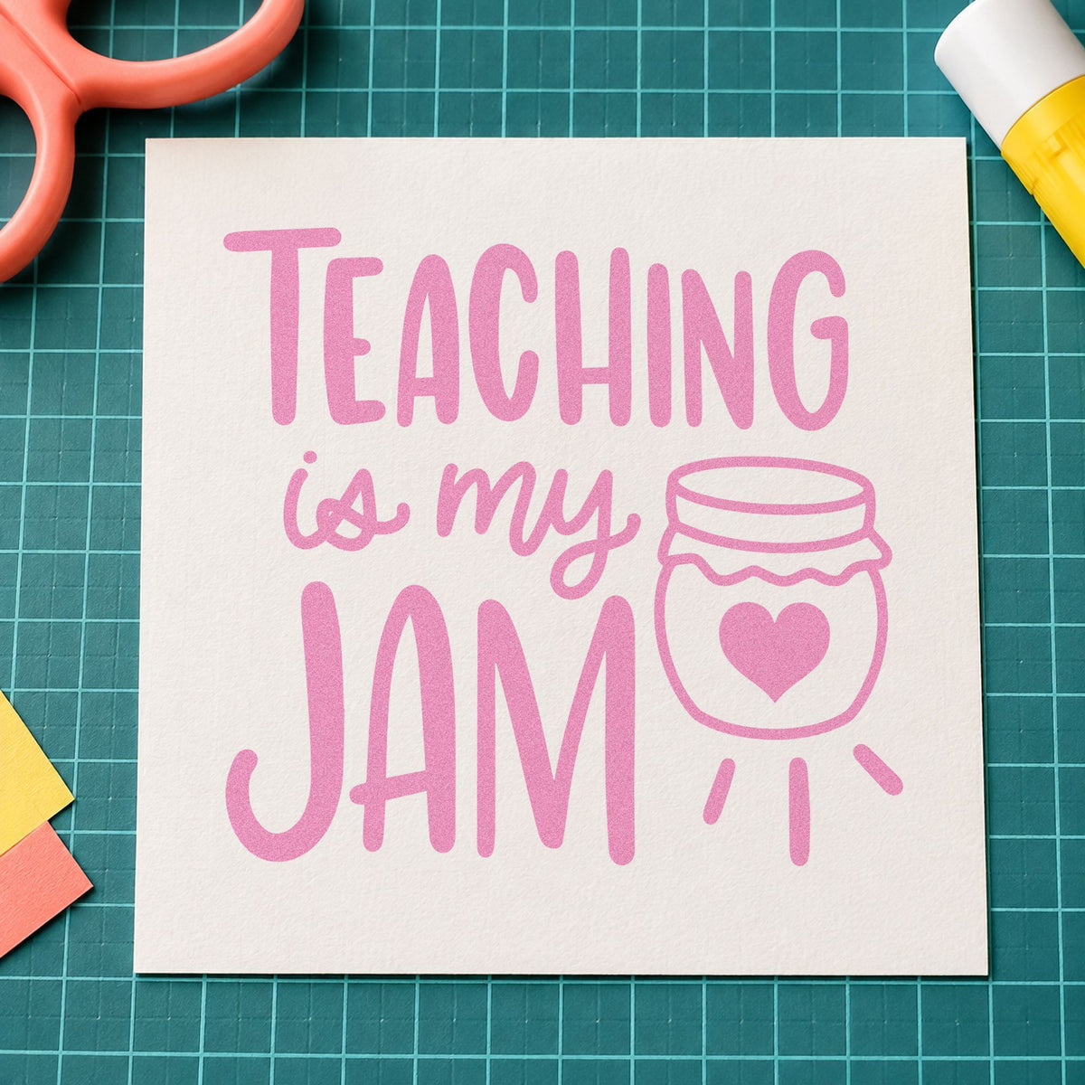 Teaching Is My Jam craft stamp in purple ink on cardstock, an easy option for preserves gift tags.
