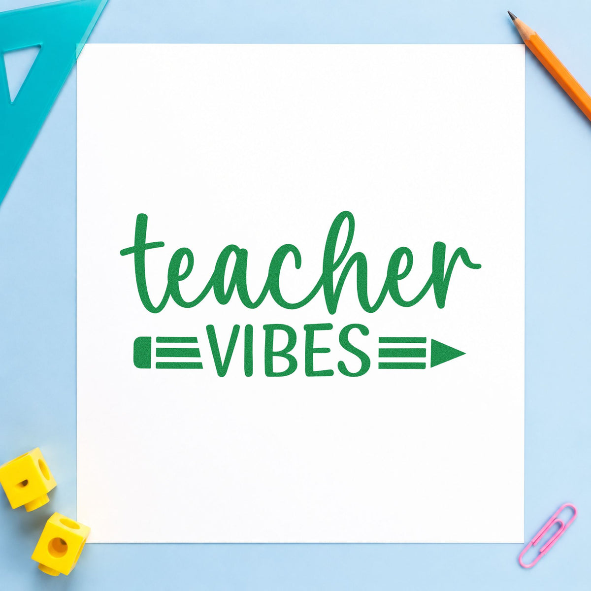 Teacher Vibes Pencil craft stamp imprint in green ink on a handmade project, one idea being framed slate wall.