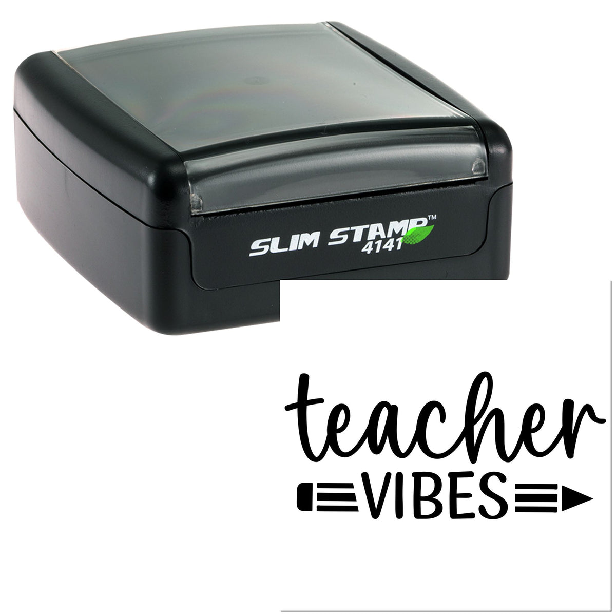 Black slim self-inking stamp and seal with gray translucent cap, labeled SLIM STAMP 4141, teacher vibes design.