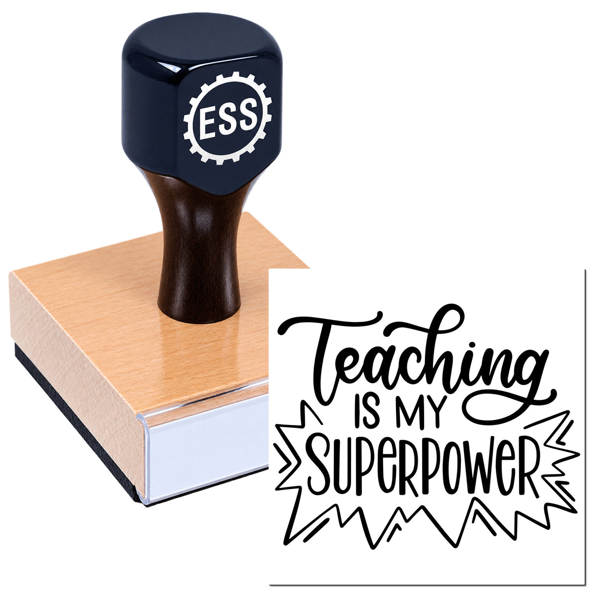 Black ESS stamp seal on a pink wooden block, with "Teaching Is My Superpower" design.