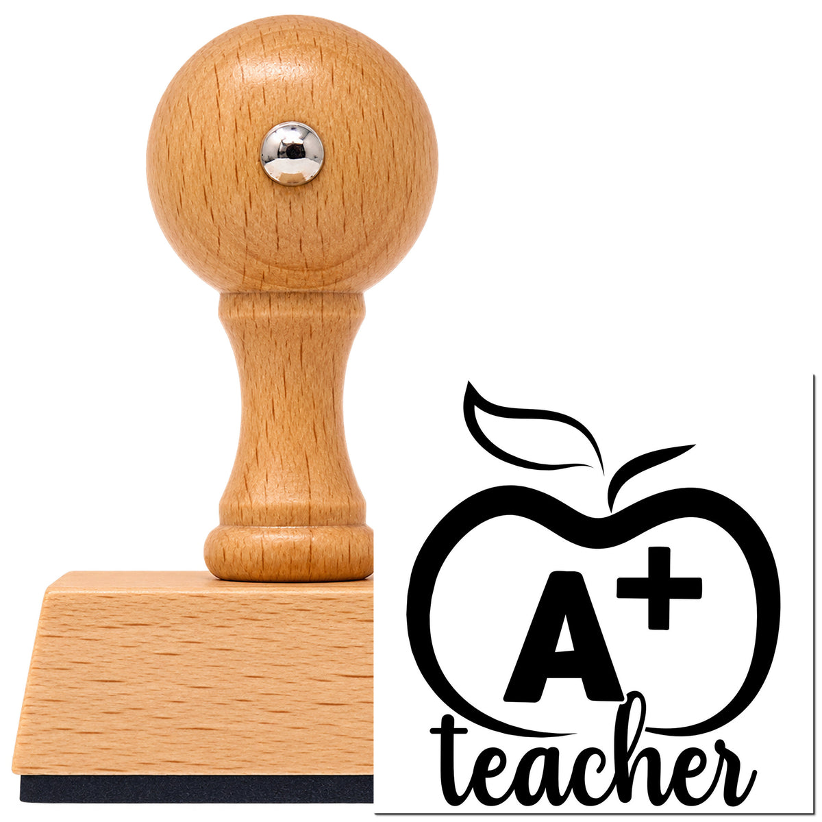 Vintage Pro beech wood stamp with a round knob handle, shown with its black A Plus Teacher Outline Apple Script Lettering imprint on white.