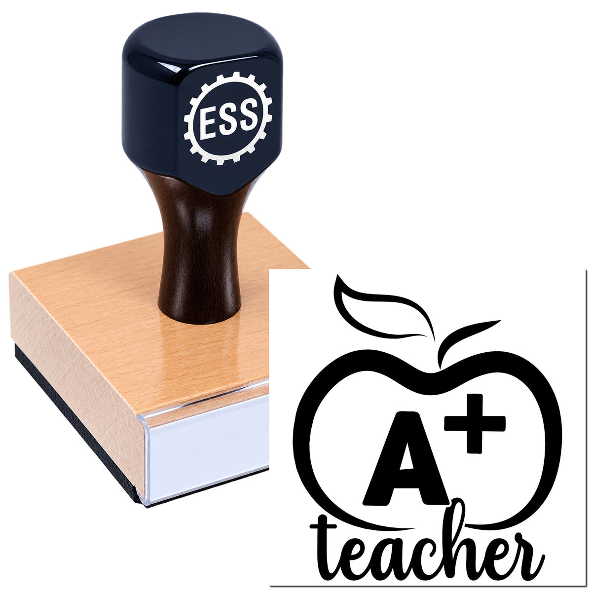 Dark blue stamp and seal product on a wooden block, with black A+ teacher apple logo.