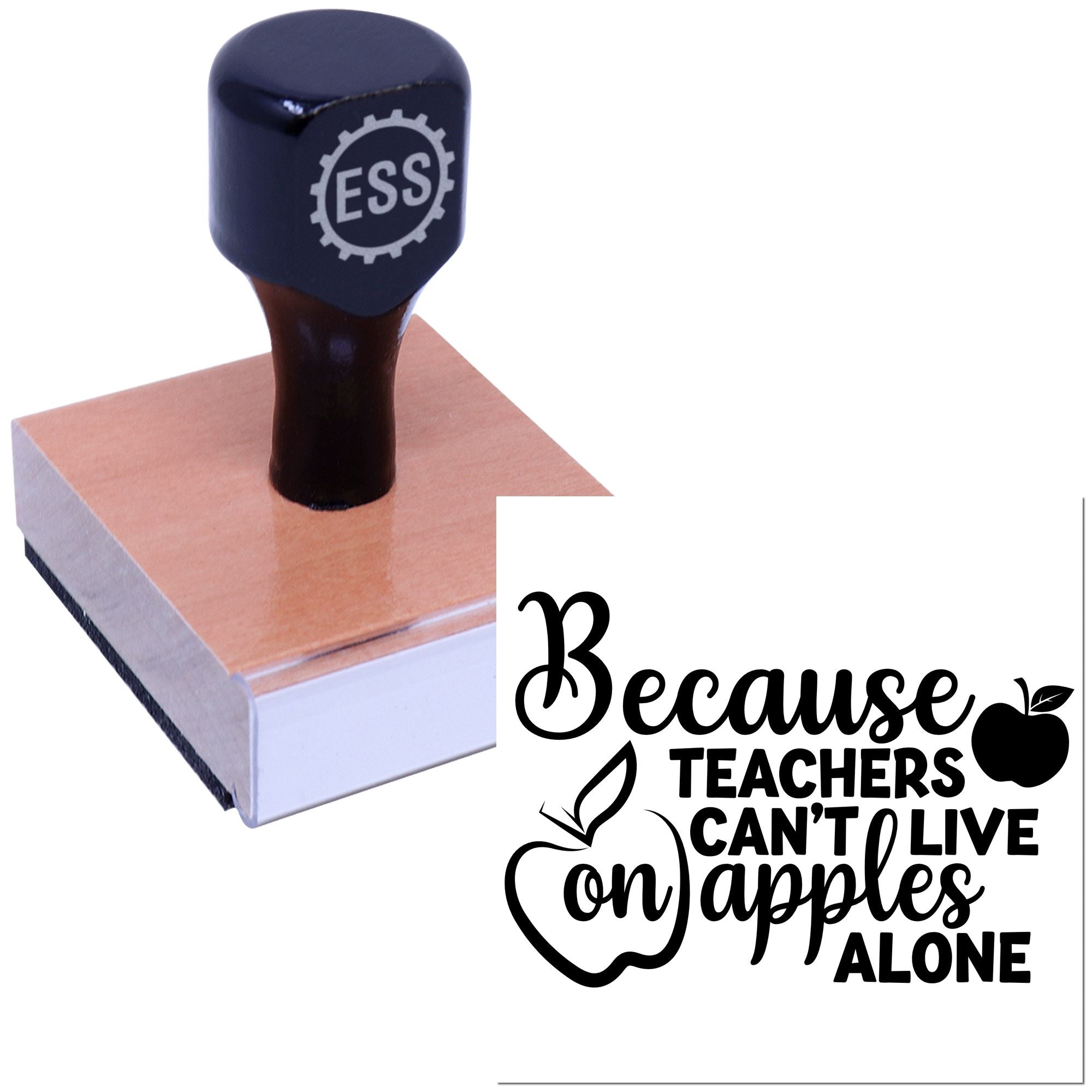 Black ESS self-inking stamp on a wooden base with teacher quote seal, black lettering, apple icon, on white background.