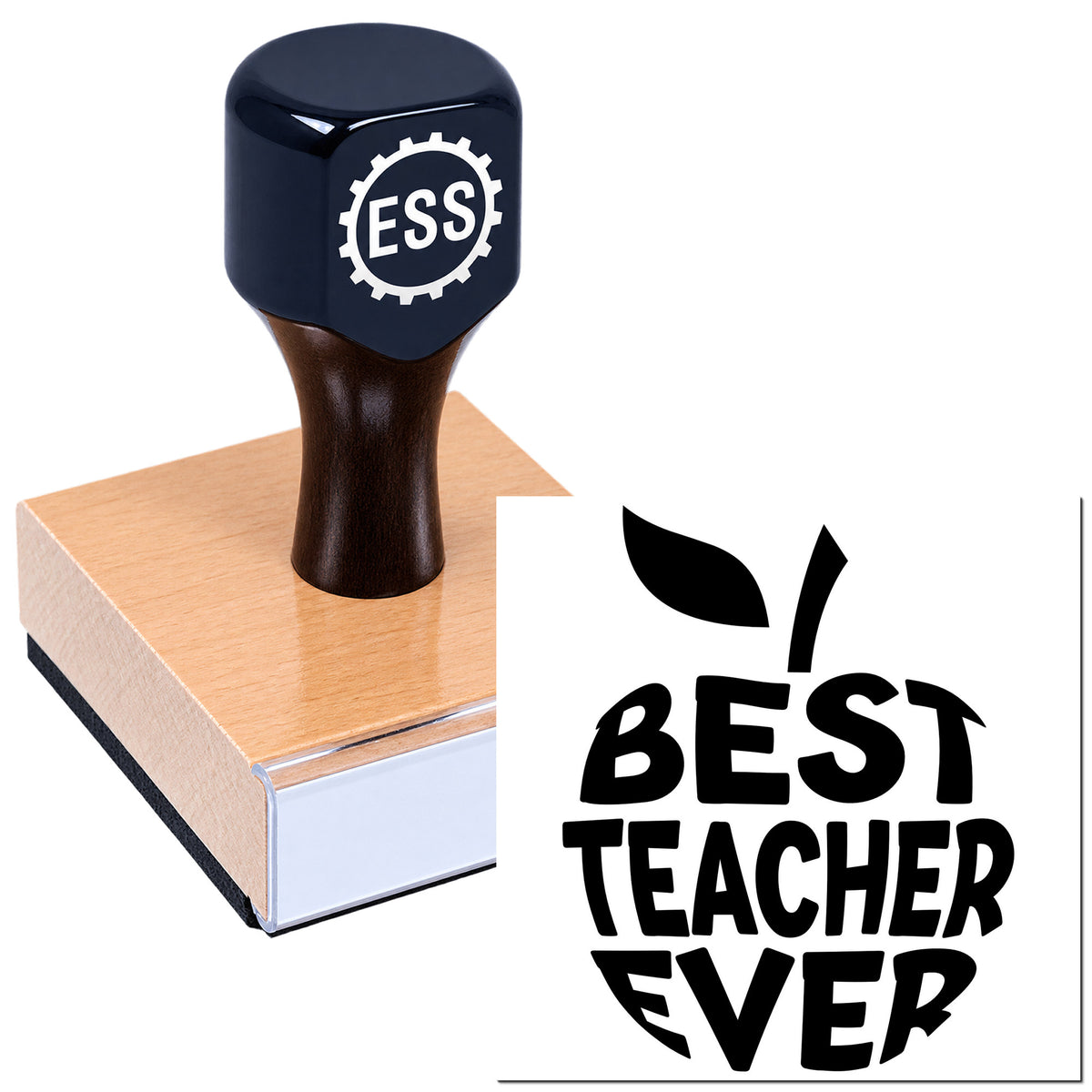 Dark blue ESS stamp seal on a wooden block with a black-and-white "Best Teacher Ever" design.