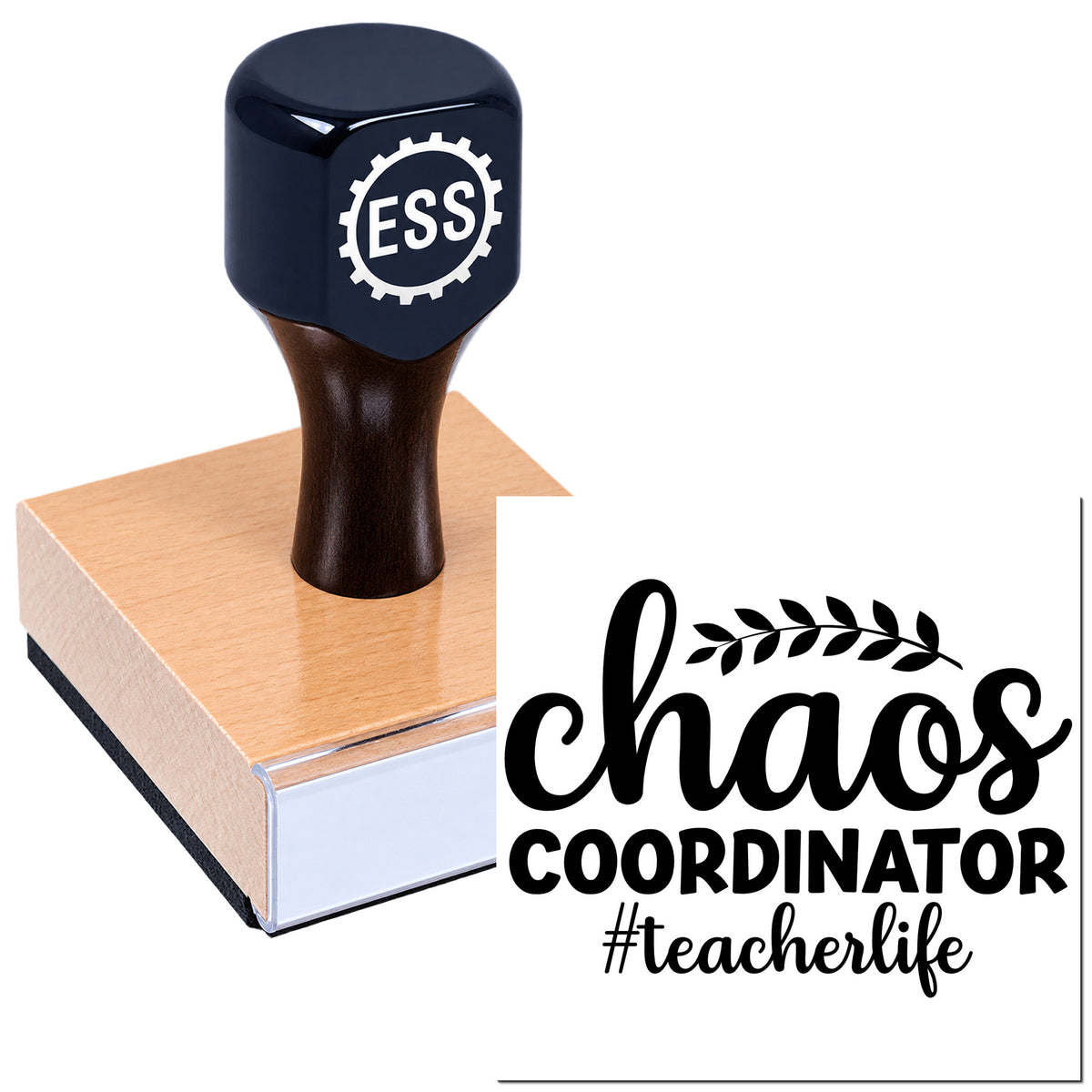 Navy self-inking stamp and seal on copper block with ESS logo and "chaos coordinator #teacherlife" design.
