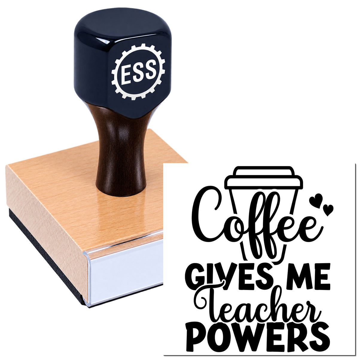 Dark blue rubber stamp and seal with ESS logo beside a black coffee-themed Teacher Powers design on white