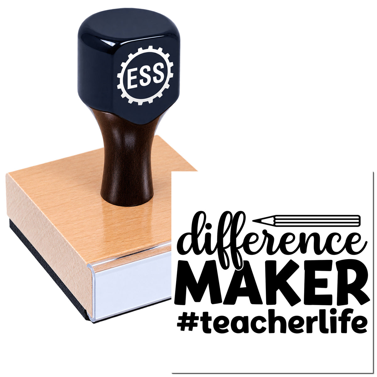 Black ESS stamp seal on a wooden block, with "difference MAKER #teacherlife" text in black on a white background.