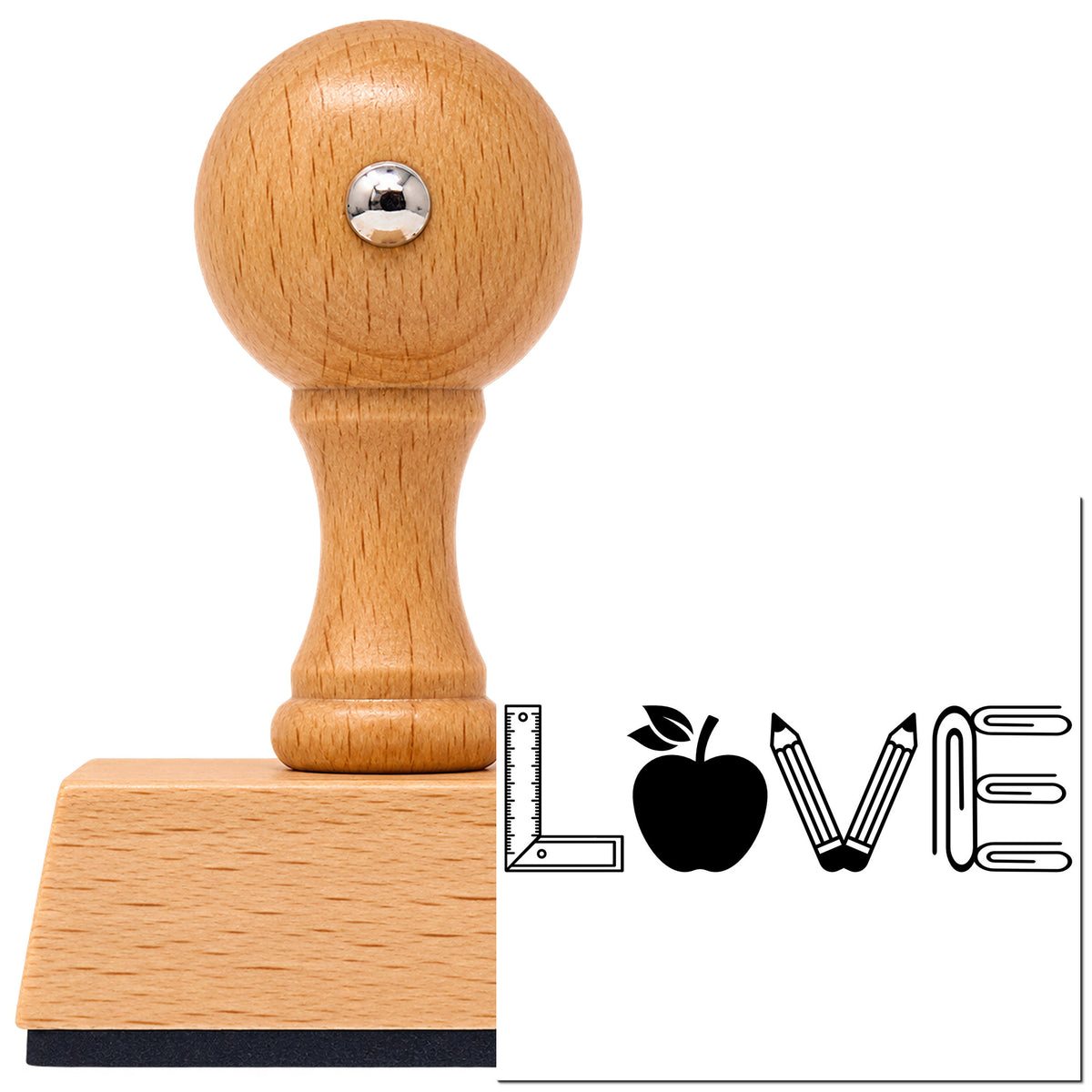 Vintage Pro beech wood stamp with a round knob handle, shown with its black Love School Supplies Apple imprint on white.