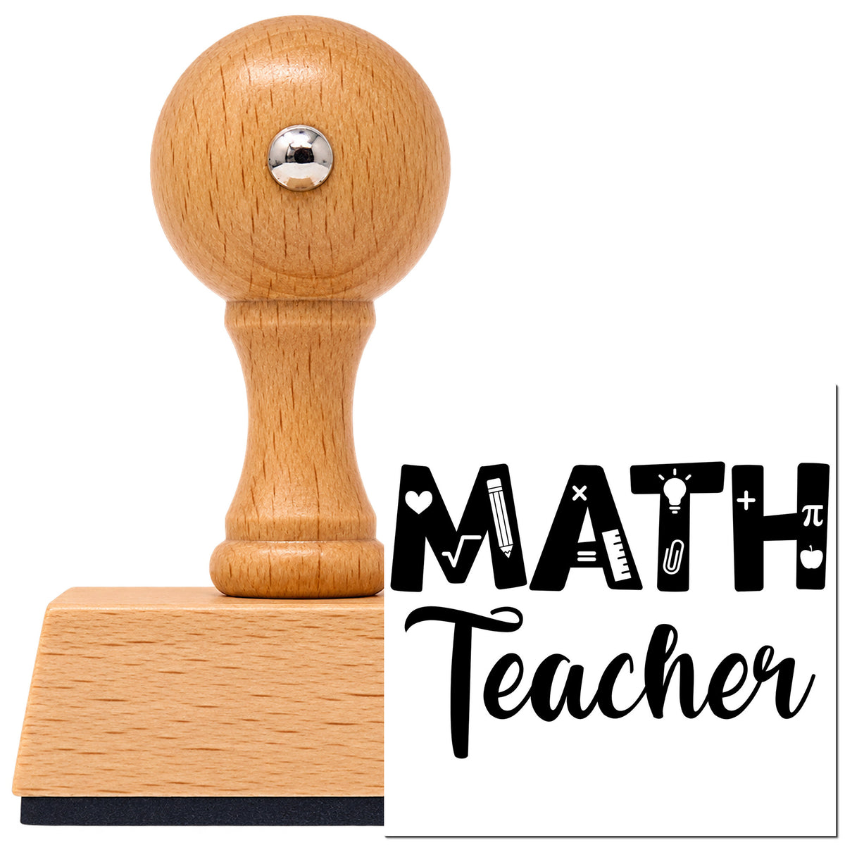 Vintage Pro beech wood stamp with a round knob handle, shown with its black Math Teacher Script Lettering imprint on white.
