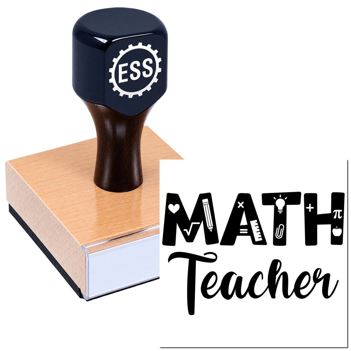 Black ESS stamp and seal on a pink pad with Math Teacher design and black lettering.