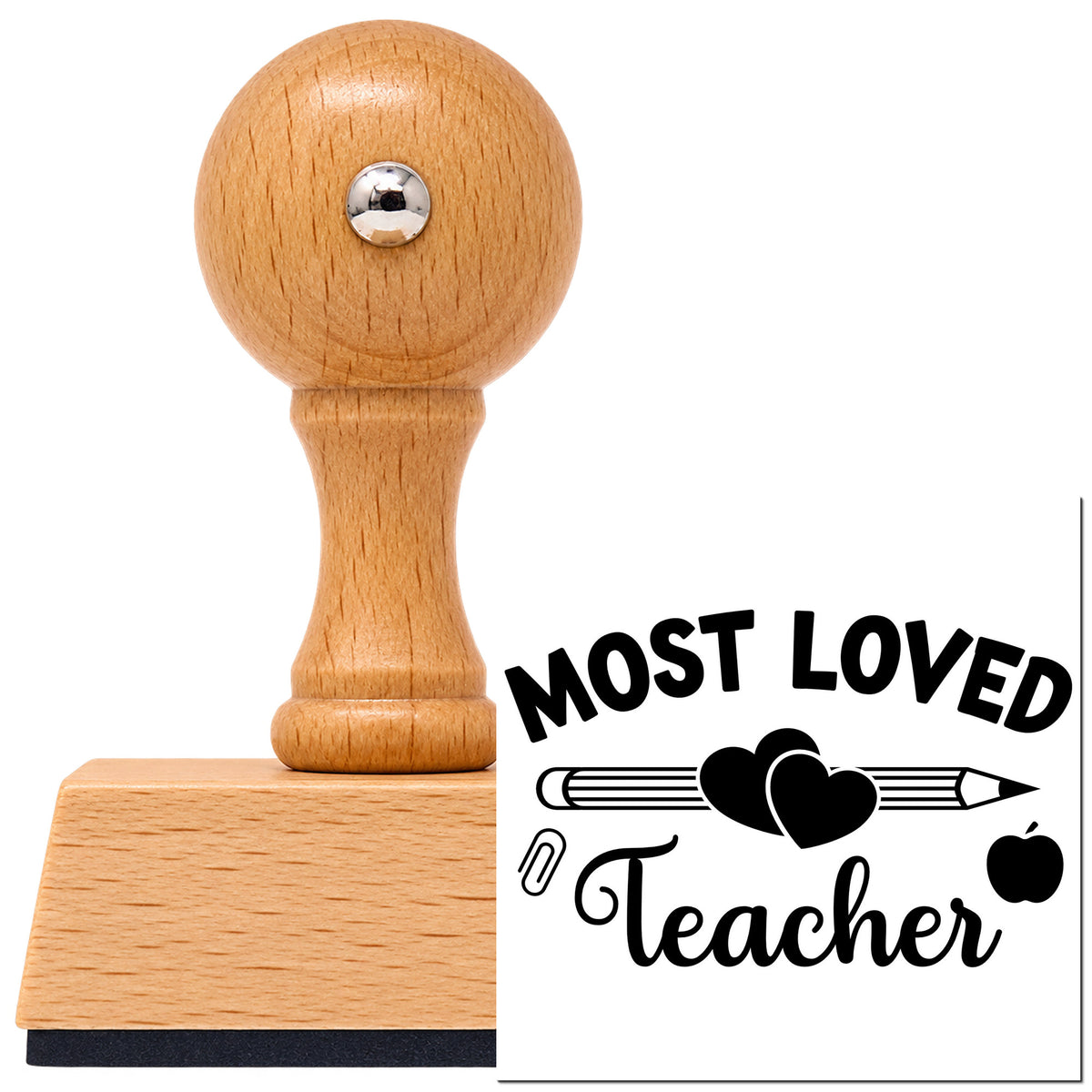 Vintage Pro beech wood stamp with a round knob handle, shown with its black Most Loved Teacher imprint on white.