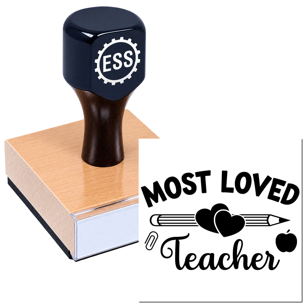 Black ESS self-inking stamp on wood block with Most Loved Teacher seal in black on white background.