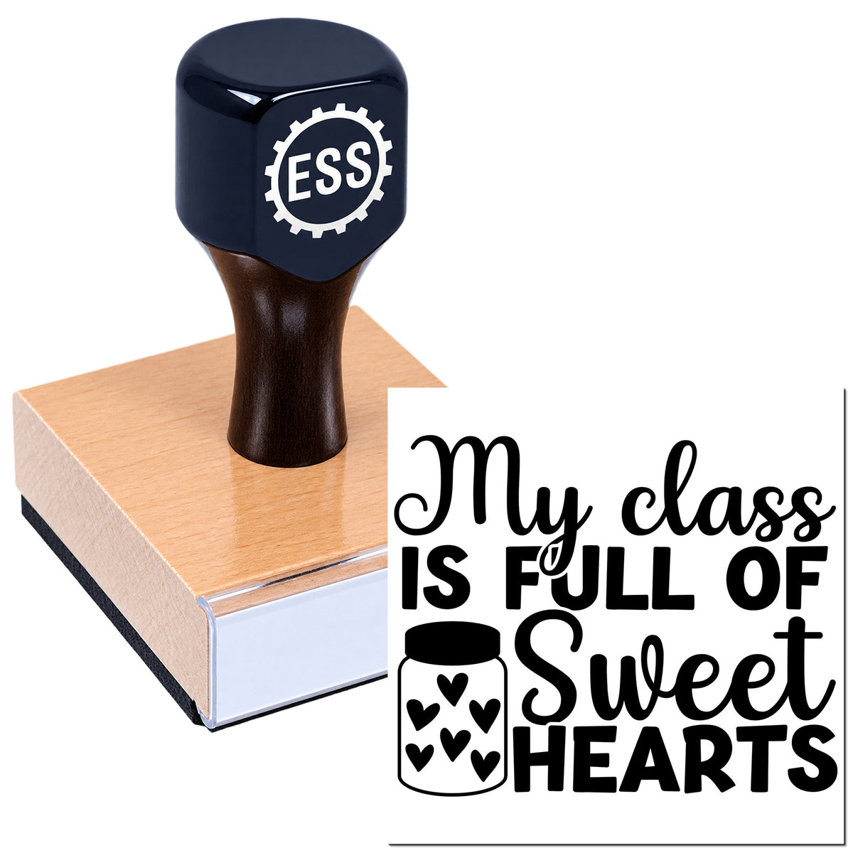 Navy rubber stamp and seal with wooden base, ESS logo, and black "My class is full of sweet hearts" design.