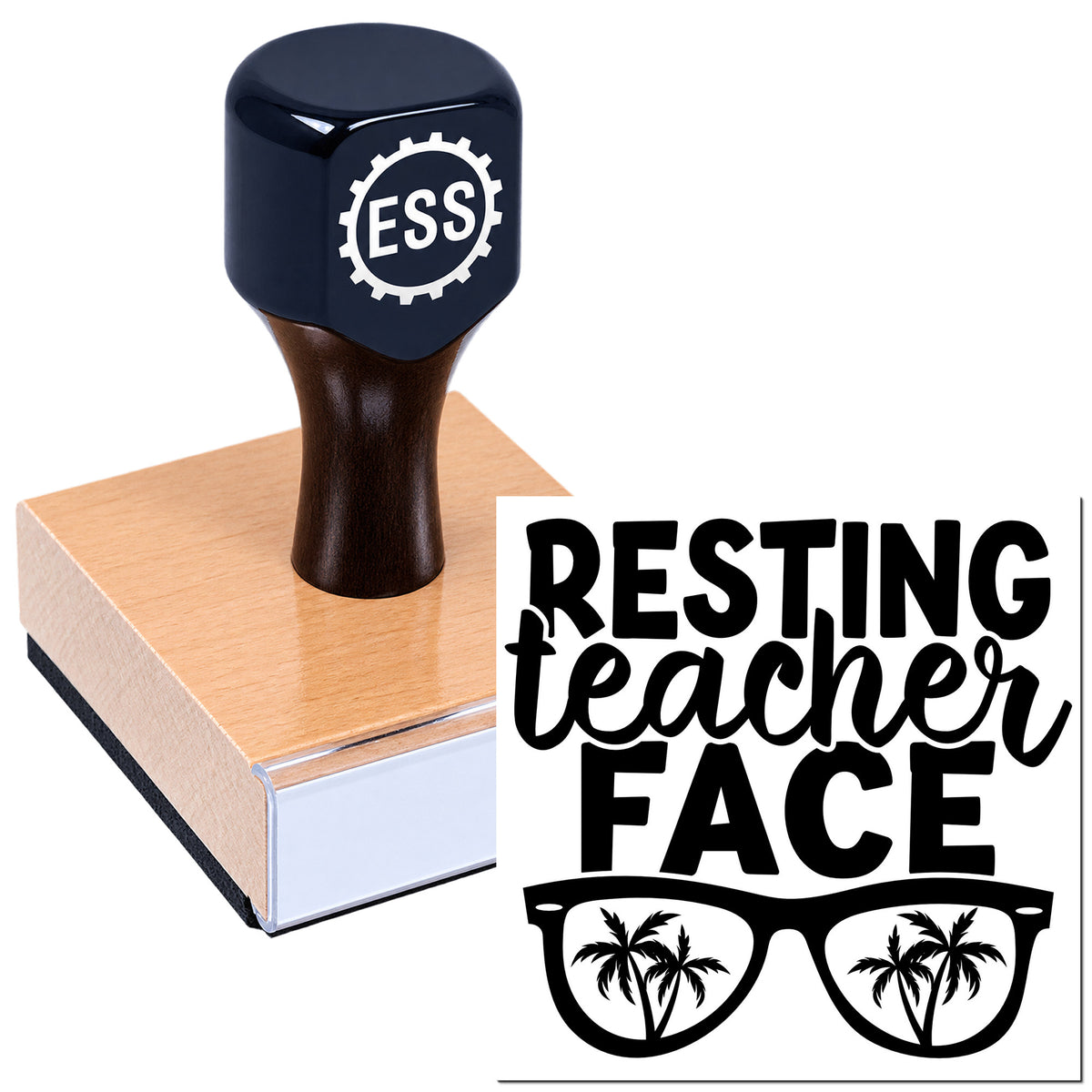 Dark navy ESS stamp and seal on a wooden block, with black "Resting Teacher Face" text and sunglasses graphic.
