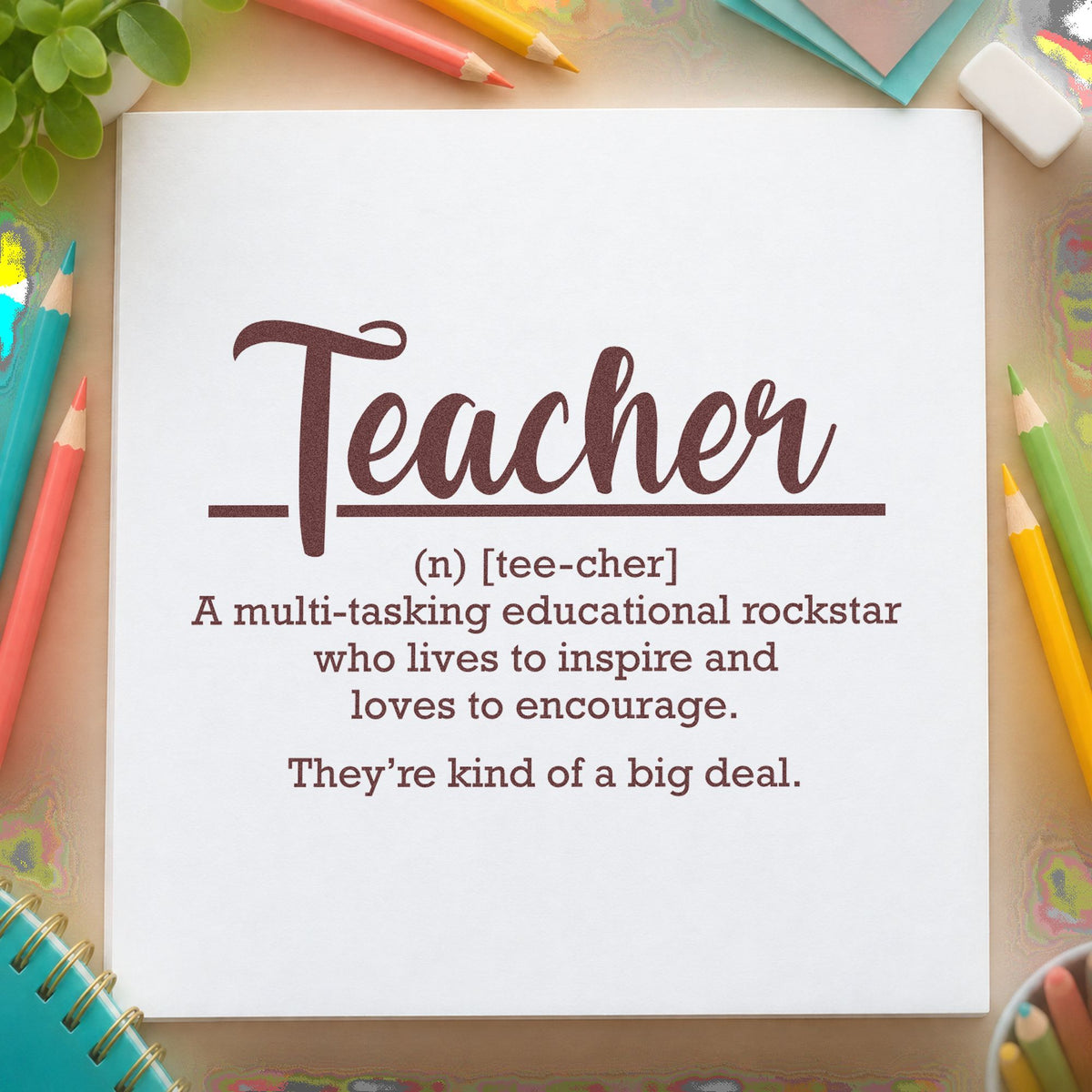 Teacher Definition rubber stamp printed in brown ink, ready for spice jar labels and similar paper crafts.
