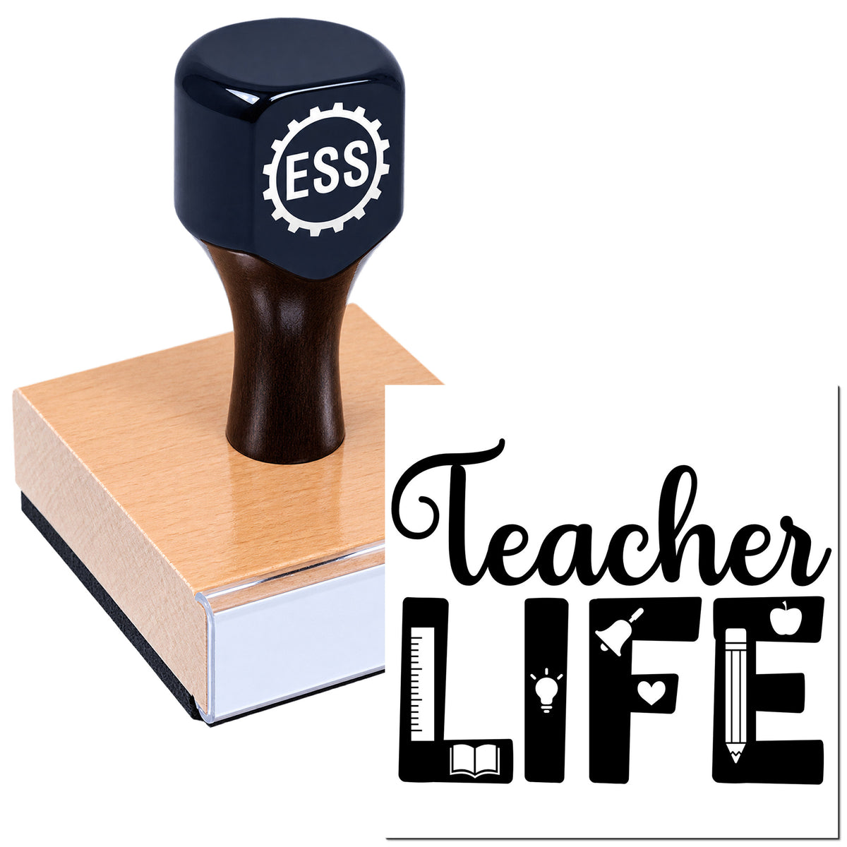 Black ESS stamp and seal on a peach-and-white block with Teacher Life lettering and school icons on white.