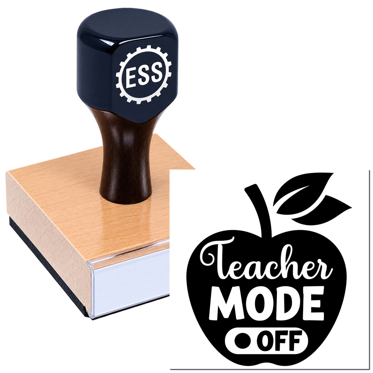 Dark navy ESS self-inking stamp on brown pad with black apple seal reading Teacher MODE OFF.