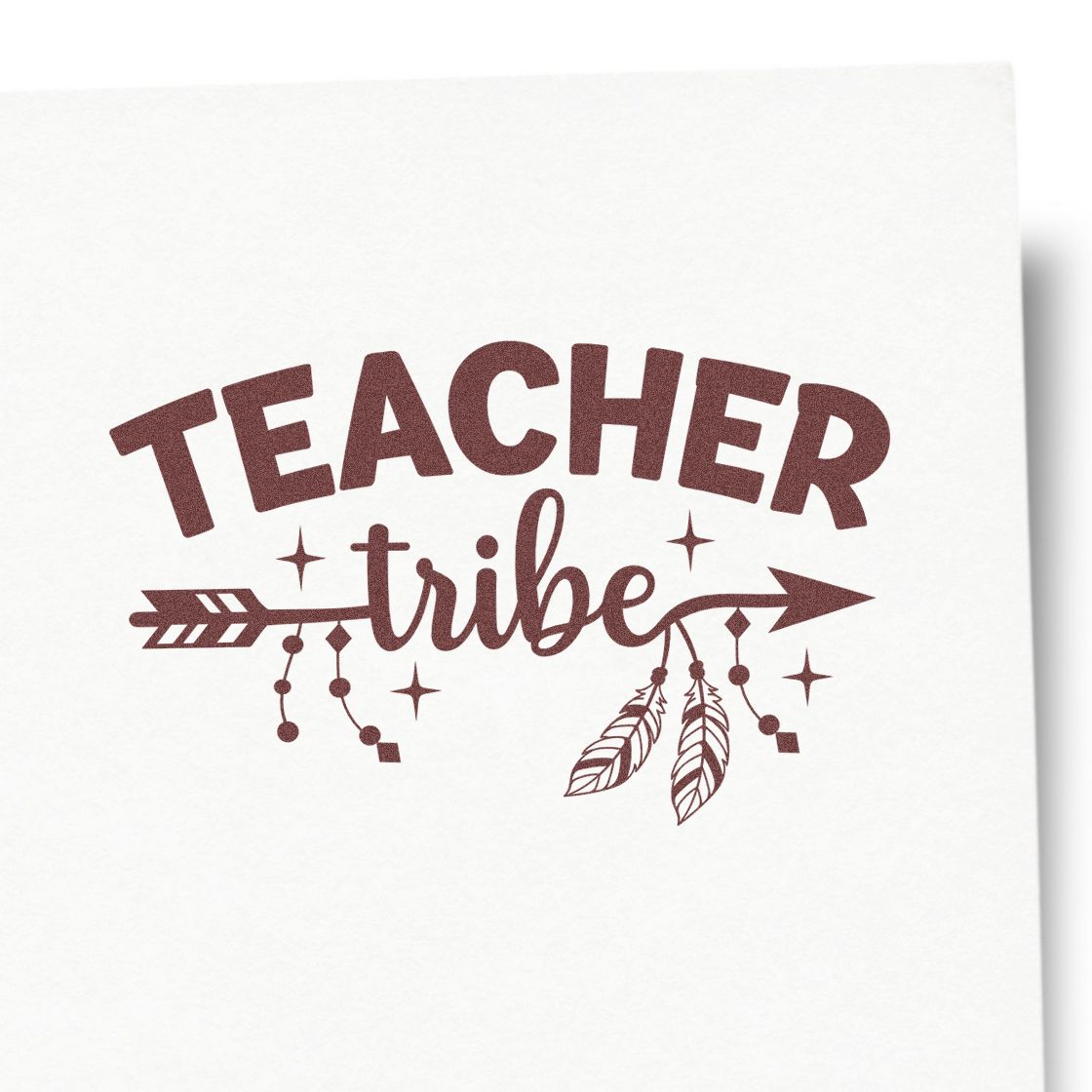 Maroon Teacher Tribe stamp design with arrow, feathers, and star accents on a white background.