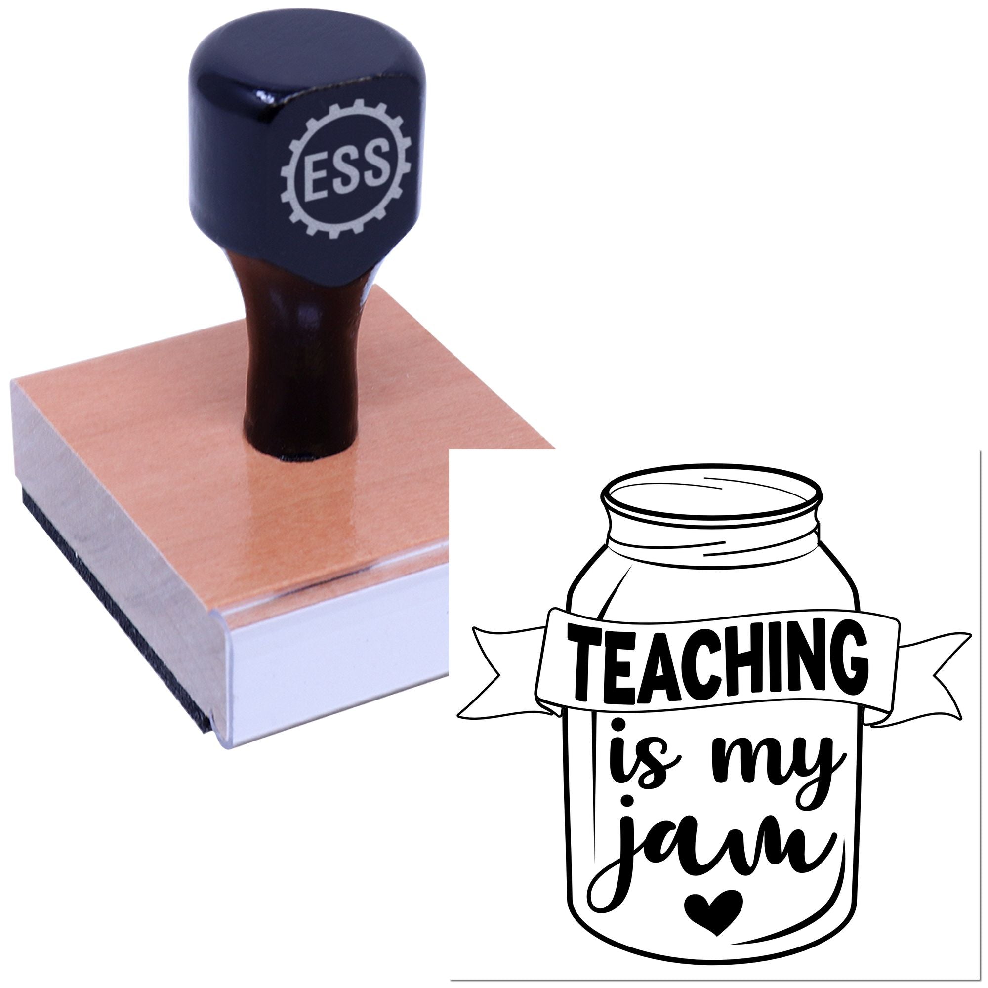 Black ESS rubber stamp on a copper block beside a black Teaching is my jam jar seal design.